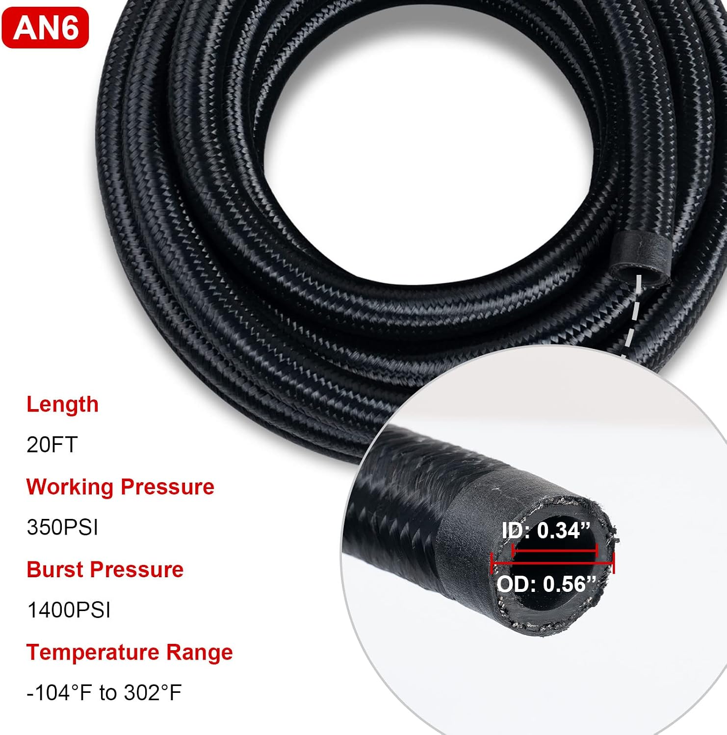 6AN Fuel Line Kit 20FT Nylon Stainless Steel Braided Fuel Hose CPE with 12PCS Swivel Fuel Hose Fitting Adapter Kit, Black (AN6 Fitting + 20ft Hose)