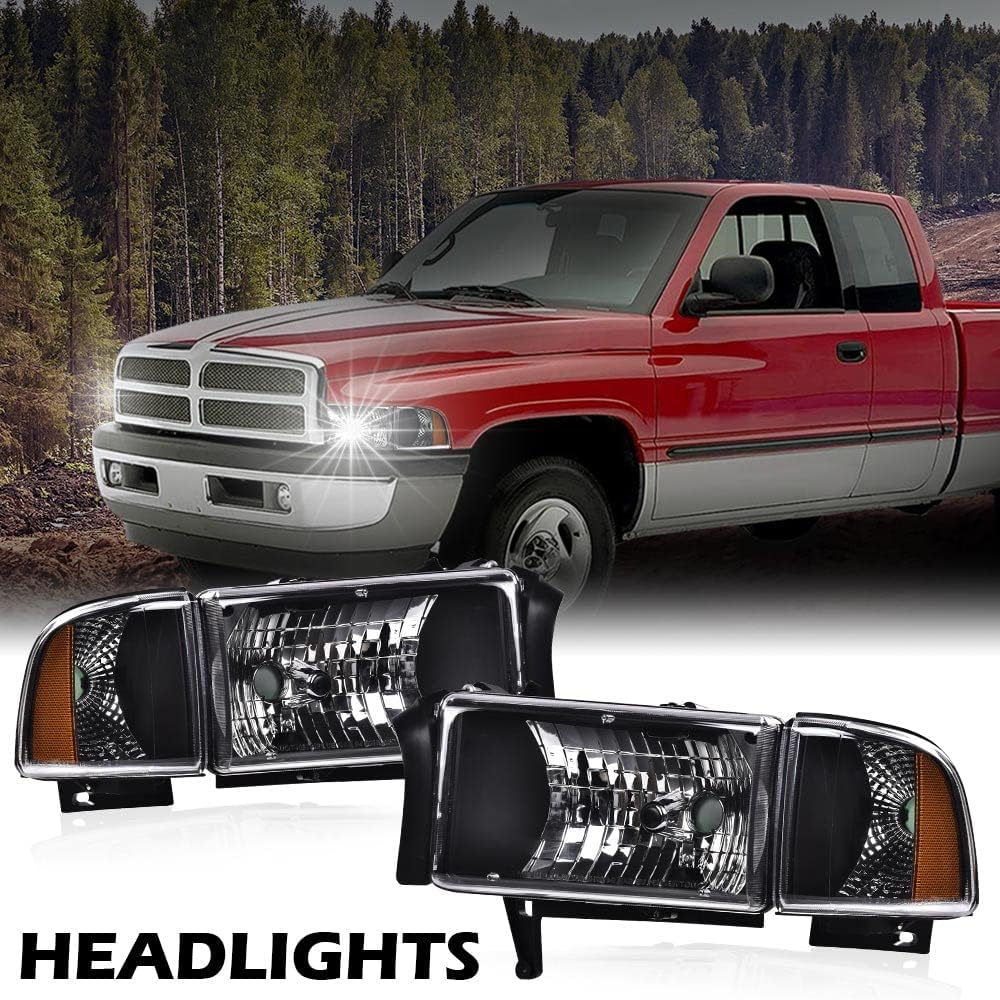 PIT66 Headlight Assembly Compatible with 1994-2002 Dodge Ram 1500 2500 3500 Headlamps Assembly Clear Lens Black Housing Amber Reflector