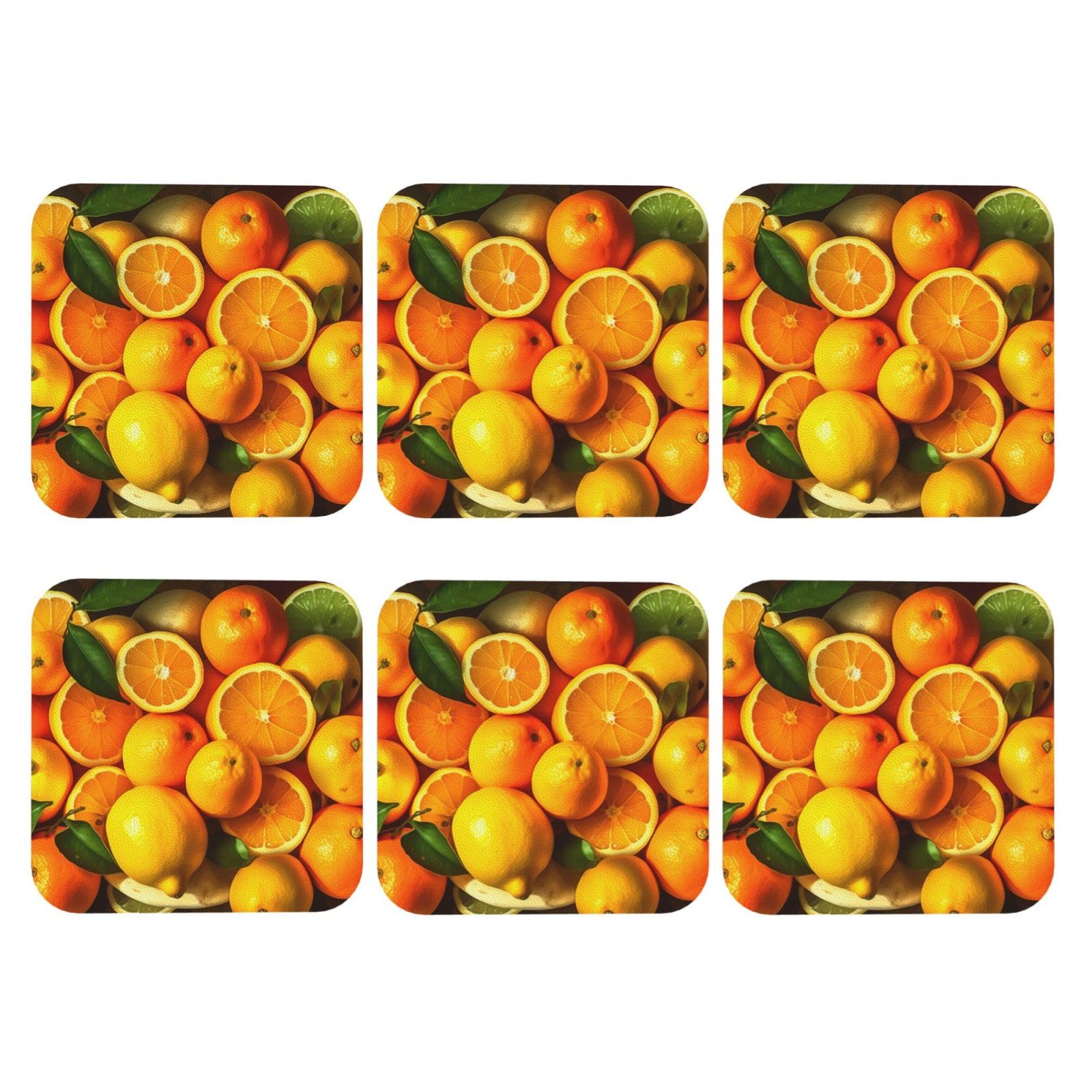 6pcs Leather Coasters for Drinks, Oranges and Lemons Drink Coasters for Tabletop Protection, 4" Cup Coasters for Coffee Table Decor, Non-Slip Drinking Cup Mat for Hot Or Cold Drink