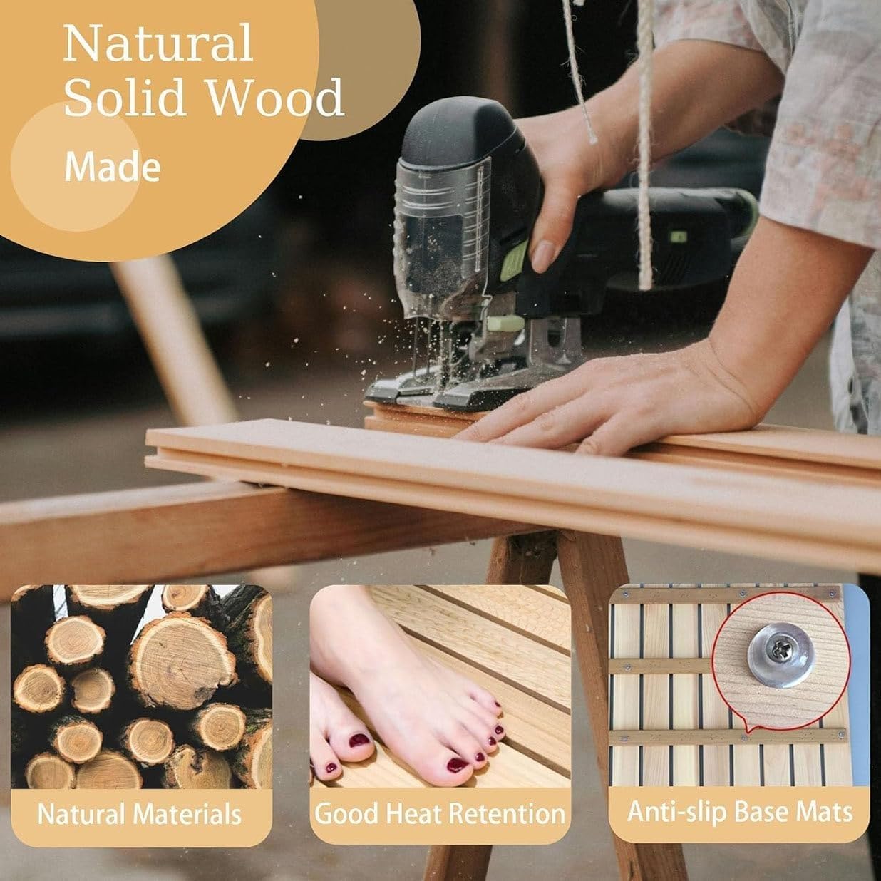 Alfombrilla de ducha de madera natural, tabla de drenaje de baño antigrietas, almohadilla antideslizante para ducha, balcón y puerta, tamaño personalizado (61 x 71 cm)
