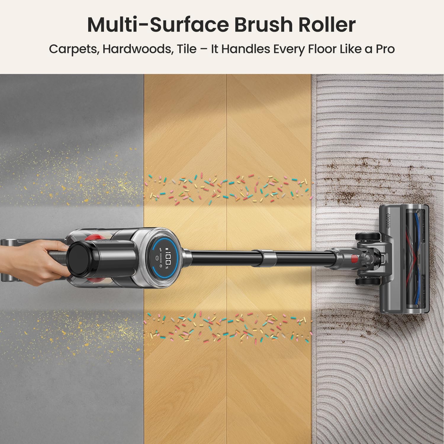 Xlife Cordless Vacuum Cleaner 45KPa 550W for Pet Hair & Multi-Surface Greenlight Reveal Dust 7-Stage HEPA Filter Long Runtime Anti-Tangle Roller Adjustable Stick Lightweight (P2)