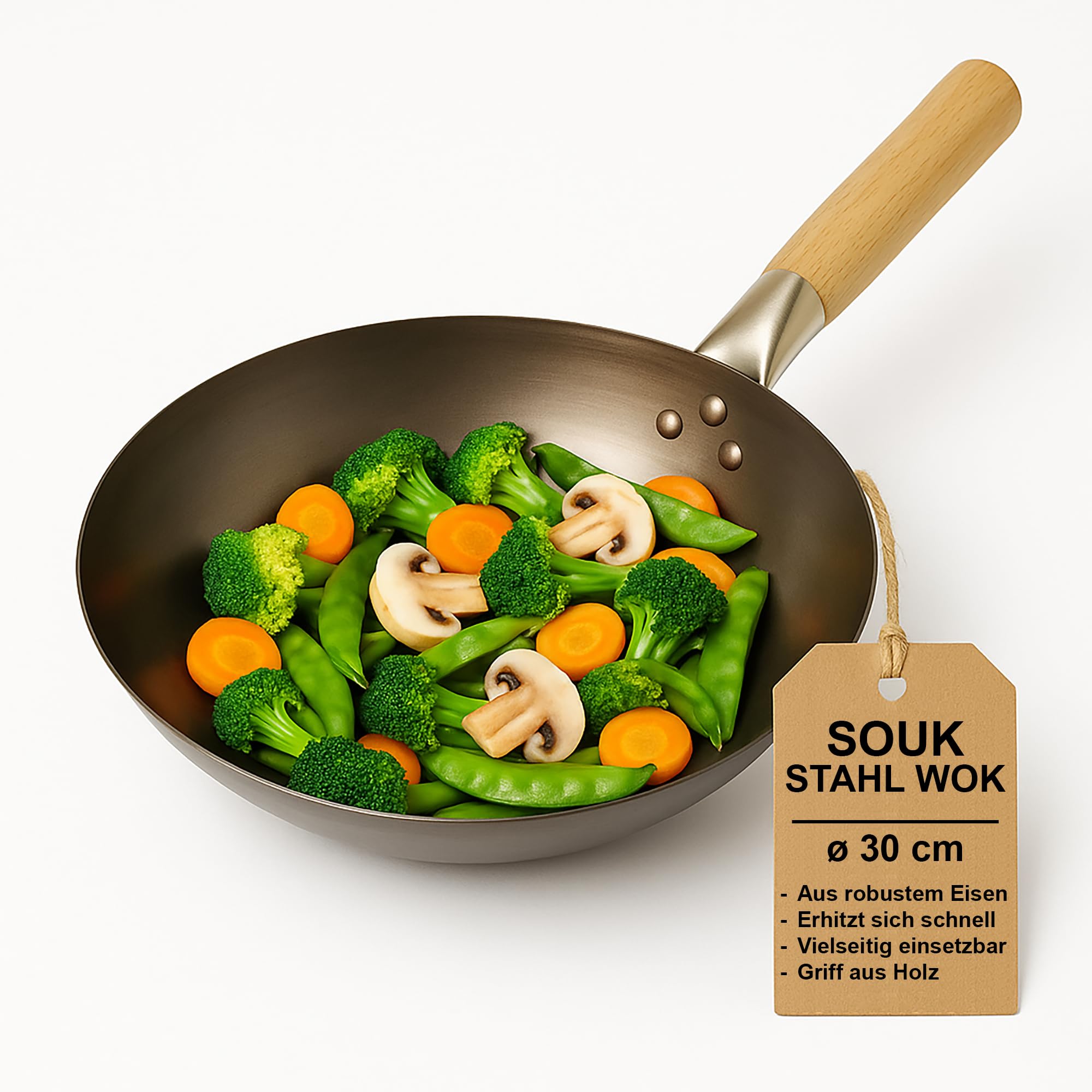Wok para barbacoa de 30 cm, de acero resistente, para verduras, pescado y carne, Wok para una perfecta circulación del calor, ideal para barbacoa de gas y carbón