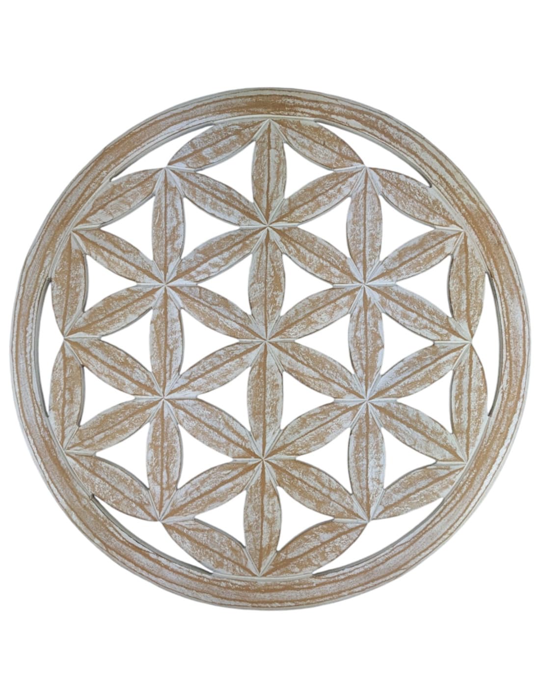 Coco Papaya Gran decoración de pared, diseño de flor de la vida, madera tallada, color blanco cerado, ø60 cm