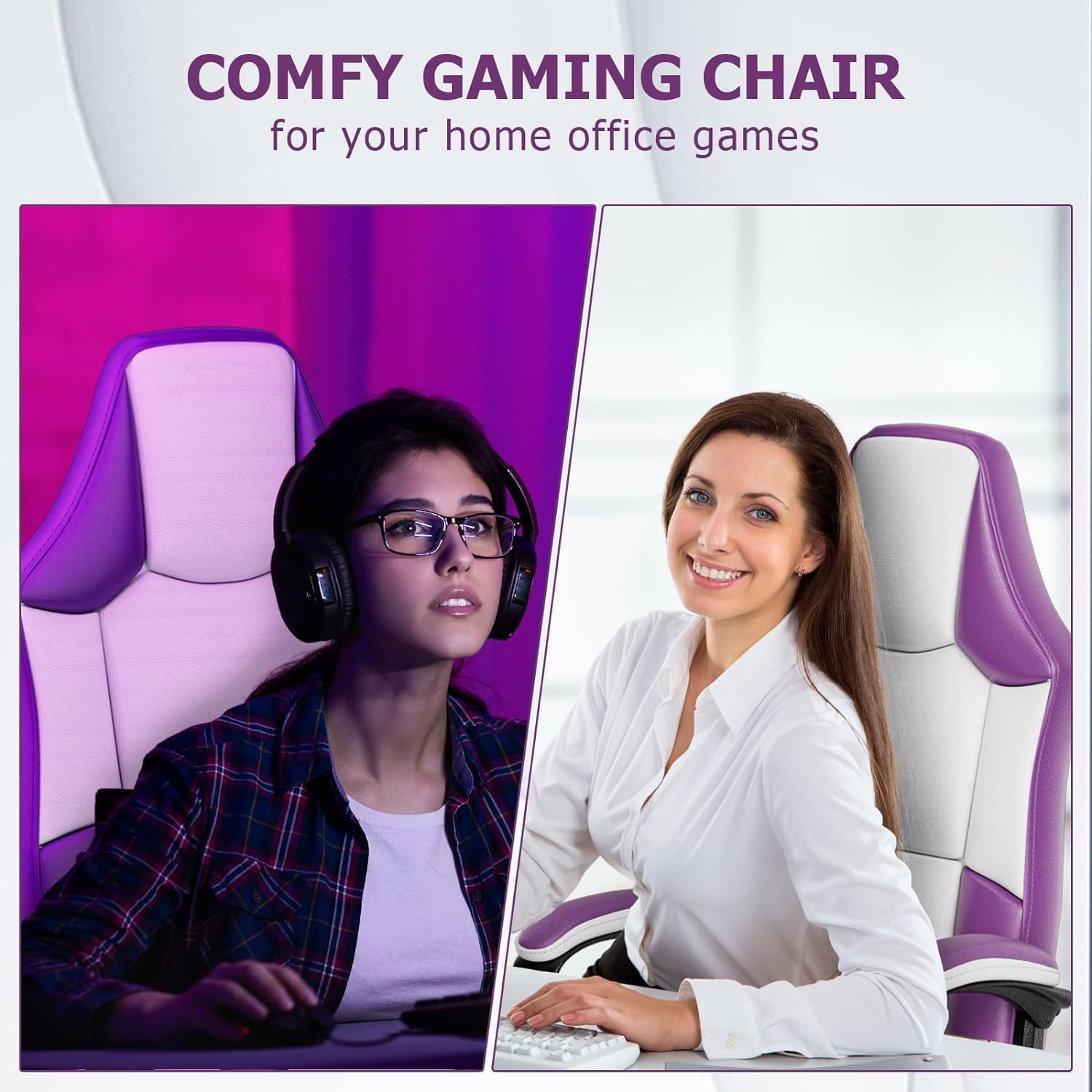 Sedia da gioco ergonomica, sedia per computer regolabile in altezza, sedia per PC in pelle di Pu con rotelle, per adulti (Viola)