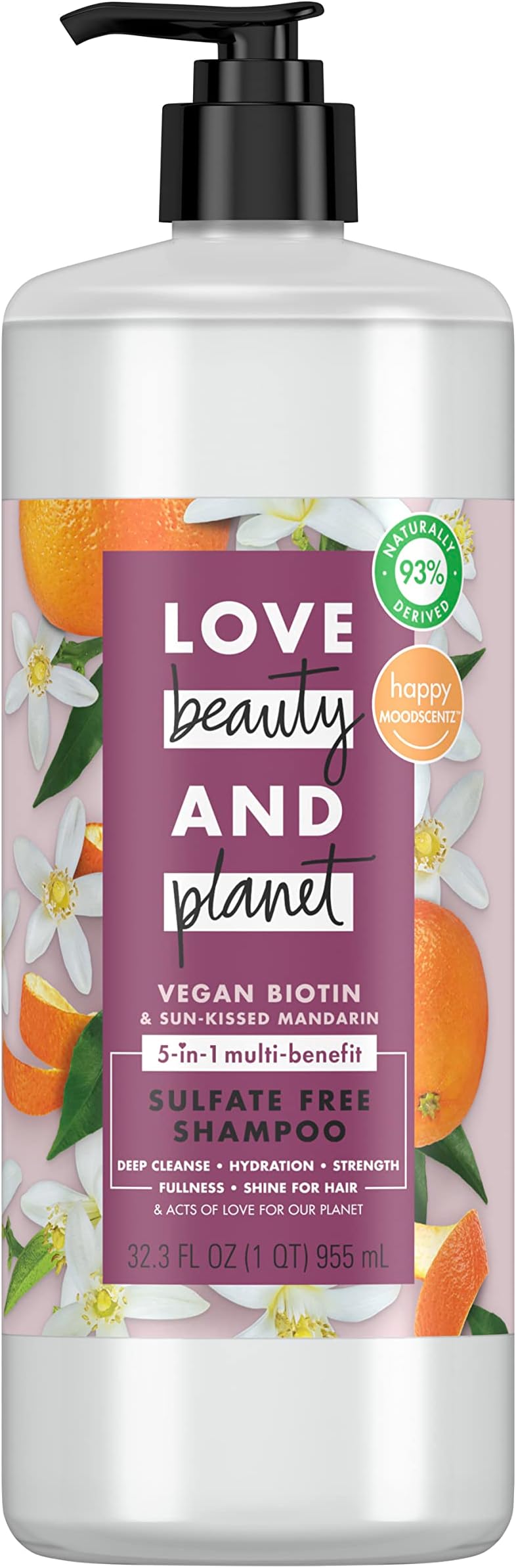 Love Beauty And PlanetSulfate-Free Shampoo Vegan Biotin & Sun-Kissed Mandarin Deep Cleanse, Hydrate, Strengthen, Volumize & Shine 5-in-1 Multi-Benefit Nourishing Shampoo 32 oz