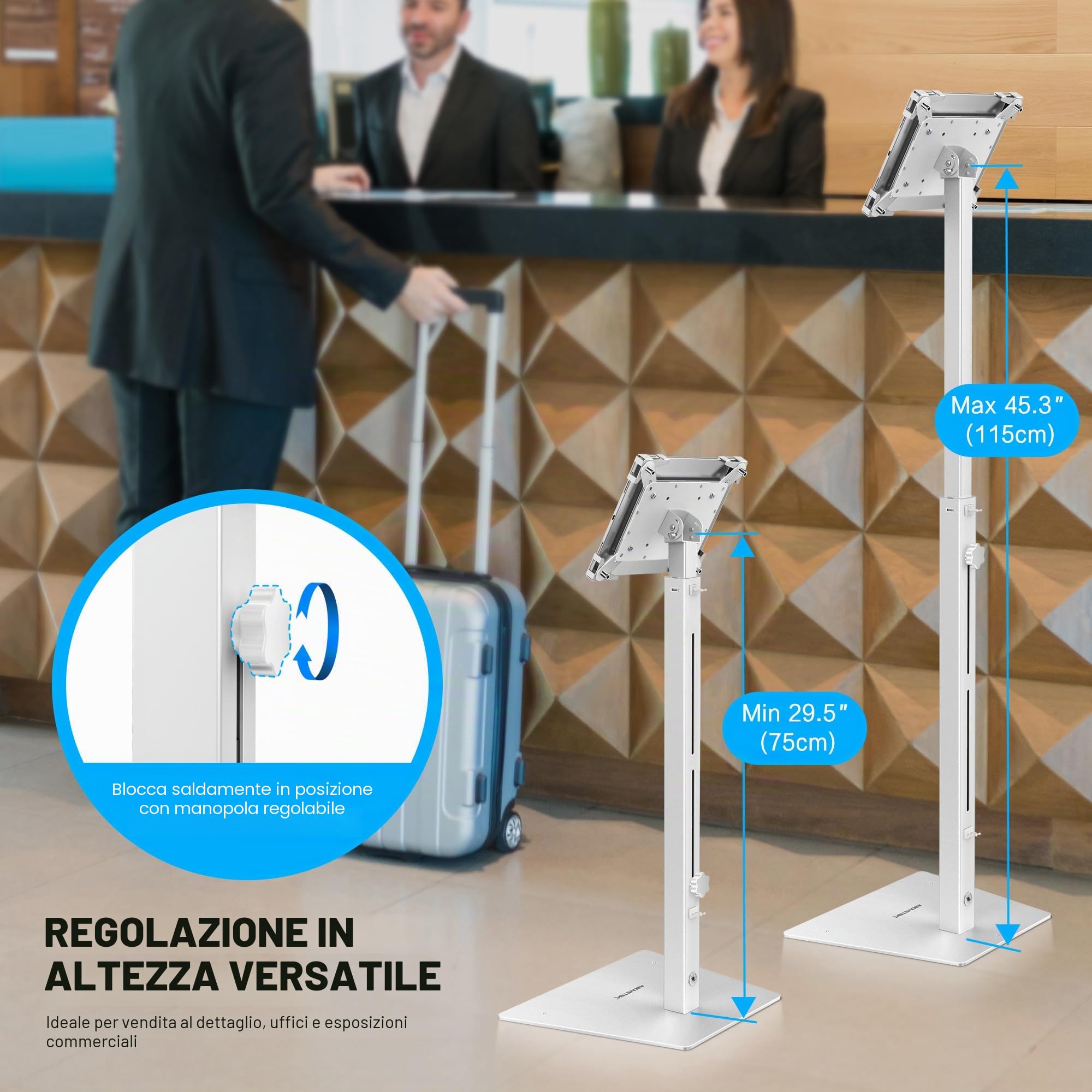 AboveTEK Supporto Sicurezza iPad, Supporto Tablet POS Antifurto Negozi, Regolabile Altezza, Girevole 360°, Per iPad 9,7"-13"