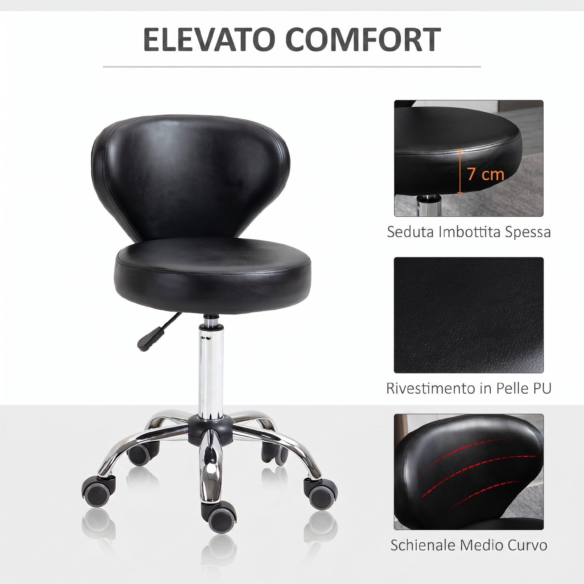 HOMCOM Sgabello Regolabile Girevole a 360° 45x54x73-88 cm Nero | Sgabello da Estetista, Schienale, Ruote, Struttura in Acciaio, Finta Pelle