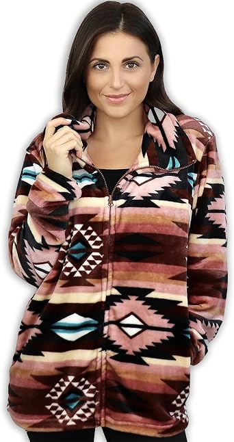 TrailCrest Ultra Soft Womens Full Zip Jacket, Plush Fleece with Velvety Silk Feel, Aztec/Ikat Fun and Trendy Prints 9 Colors