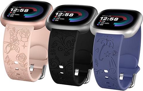 Fintie 3 Packs Floral Engraved Bands Compatible with Fitbit Versa 4Sense 2Versa 3Sense, Soft Silicone Sport Strap