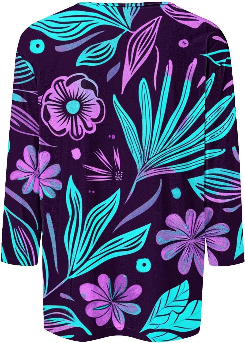 Womens Summer Hawaiian Shirts 3/4 Length Sleeve Tropical Print Tops Round Neck Three Quarter Length Sleeve Blouses