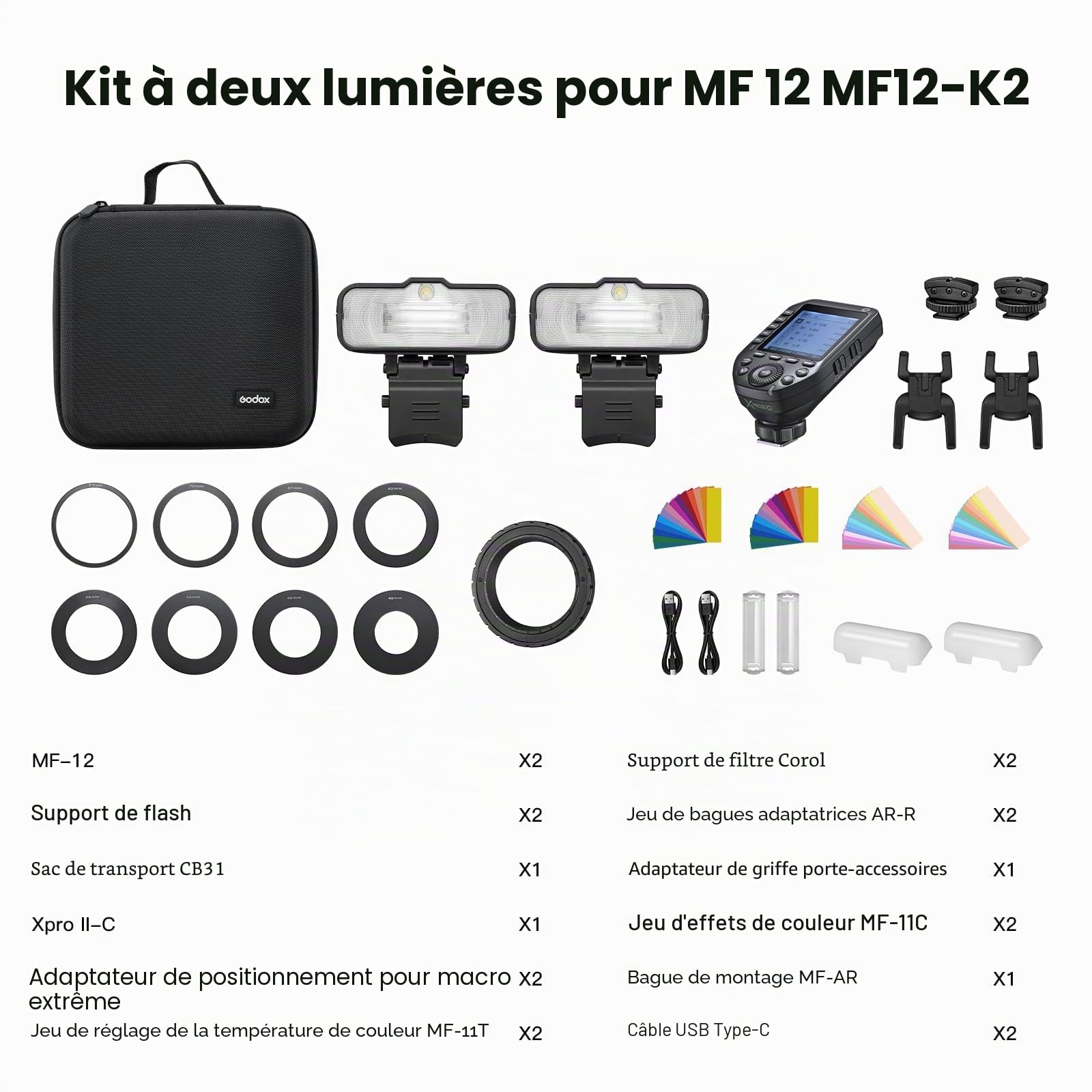 GODOX MF12-K2 Macro Flash avec XproII-C, filtre coloré, 2,4 G Wireless Control, TTL/M, batterie au lithium 3,7 V/6,29 W, compatible avec Nikon, Sony, Canon, Fuji, Olympus