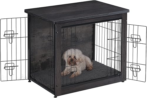 Miniatura 8 de DWANTON Mueble de jaula para perros con cojín, caja de madera para perros con puertas dobles, muebles para perros, perrera de interior, mesa