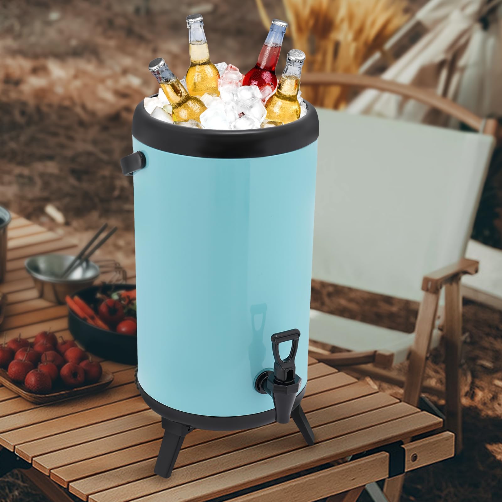 Dispenser per bevande da 12 l, contenitore isolato, in acciaio inox, per acqua calda e fredda, con rubinetto, distributore di bevande per caffè, cioccolato, tè al latte, succo (blu)