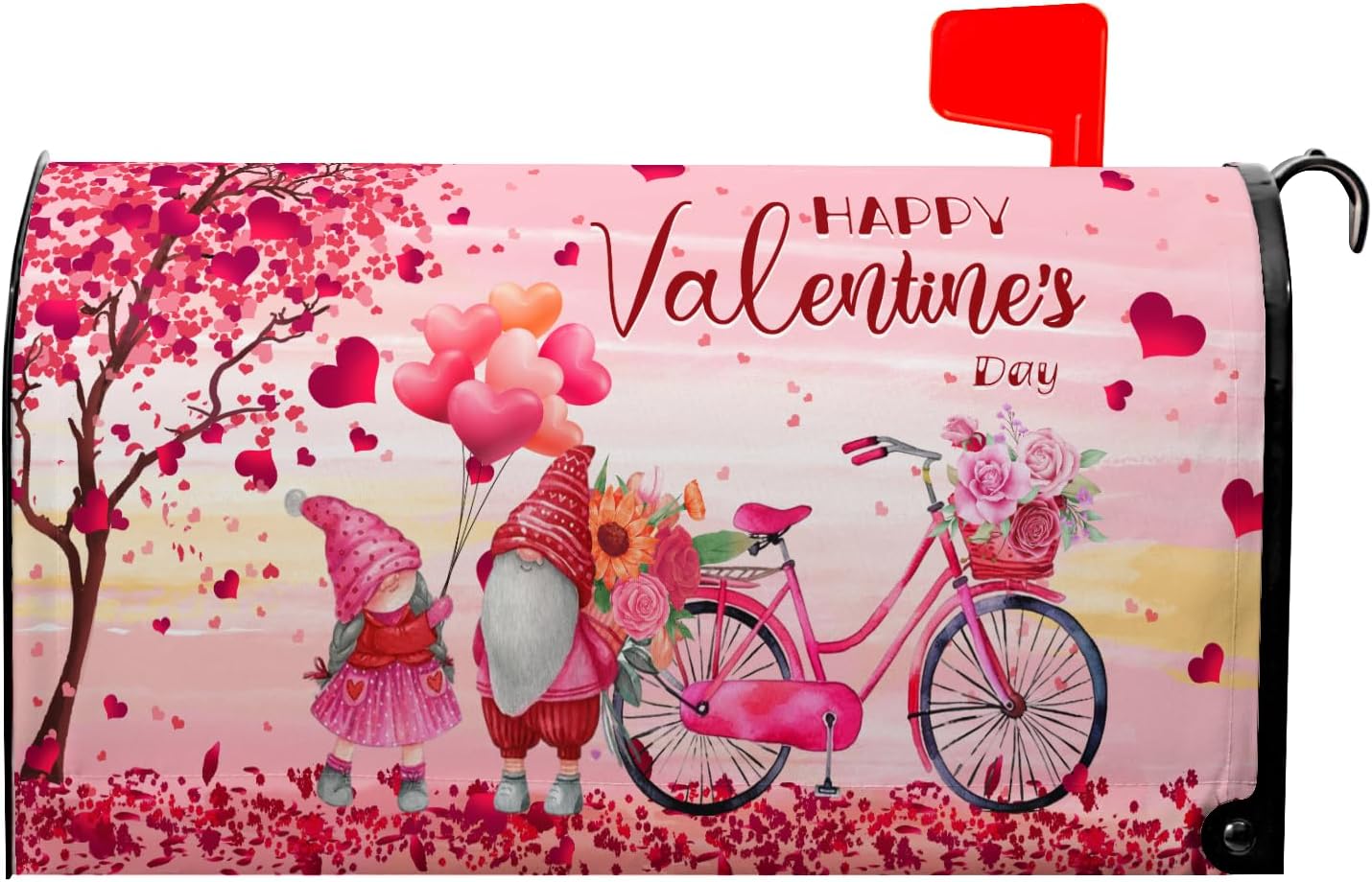 Valentines Gnomes Bicycle Mailbox Cover 21x18 Inch Bicycle Mailbox Wraps Magnetic Standard Size Waterproof Oxford for Farmhouse Garden Outdoor Decor Pink Heart