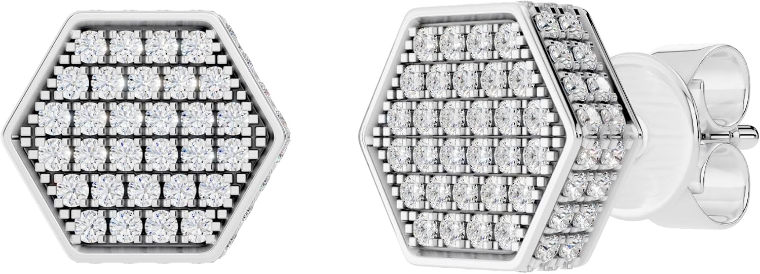 Dazzlingrock Collection 0.20 Ctw Round White Natural Diamond Hexagon Men's Cluster Stud Earrings in 925 Sterling Silver