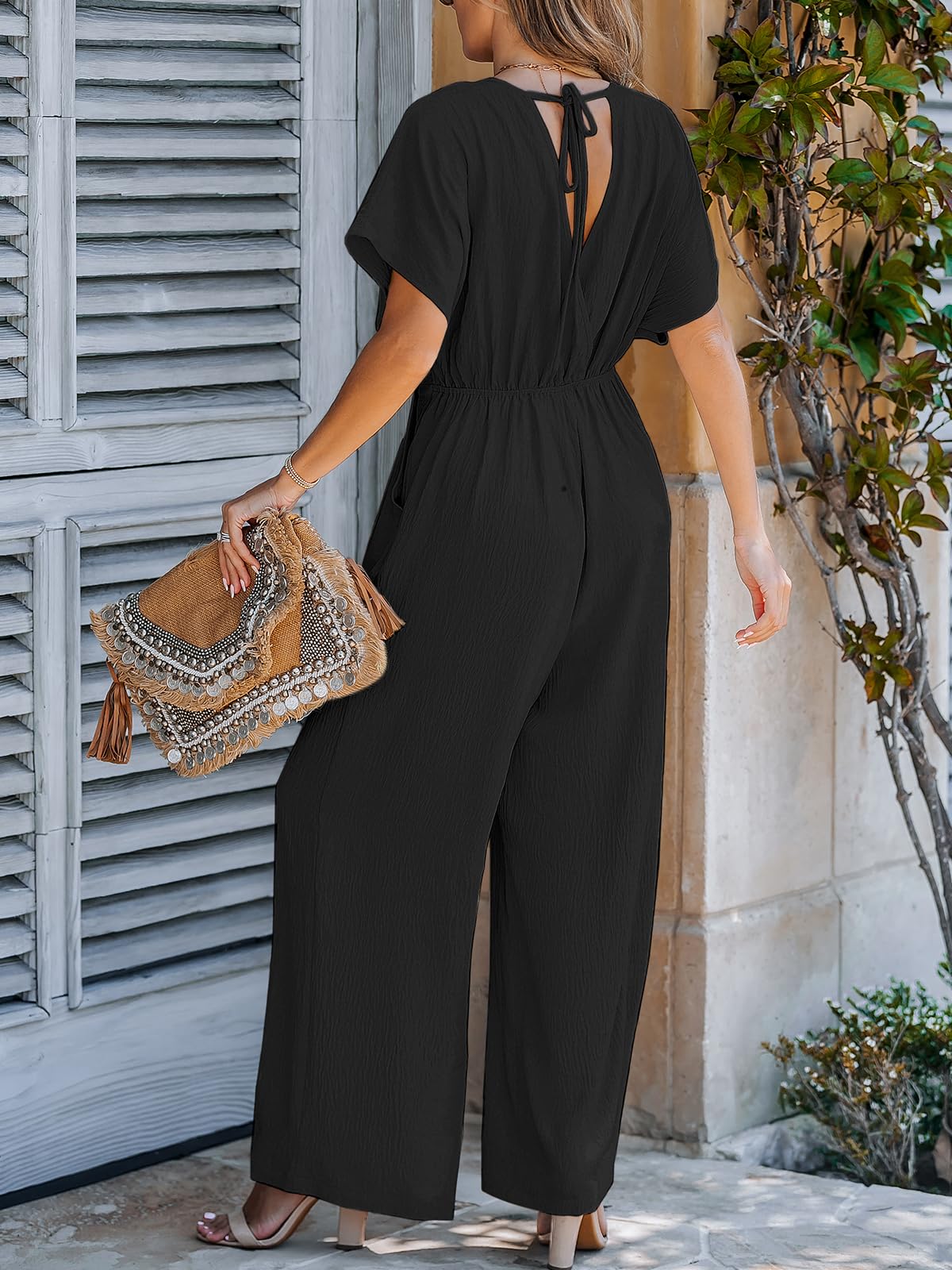 CUPSHE Damen Jumpsuit V-Ausschnitt Kurze Dolman-Ärmel Overall Weites Bein Strampler Lang Playsuit Sommer Elegant Hosenanzug