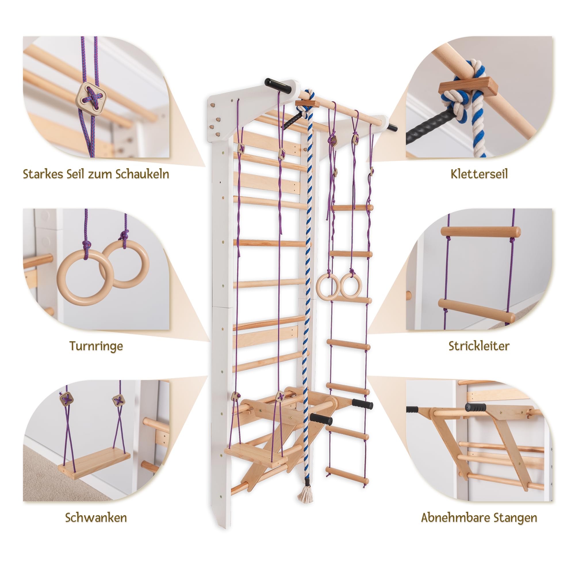 Sprossenwand Holz mit Zubehör (Ringe, Seil, Schaukel) - Indoor Klettergerüst für Kinder & Erwachsene - Turnwand massiv bis 150kg - Kletterwand für das Kinderzimmer (Weiß)