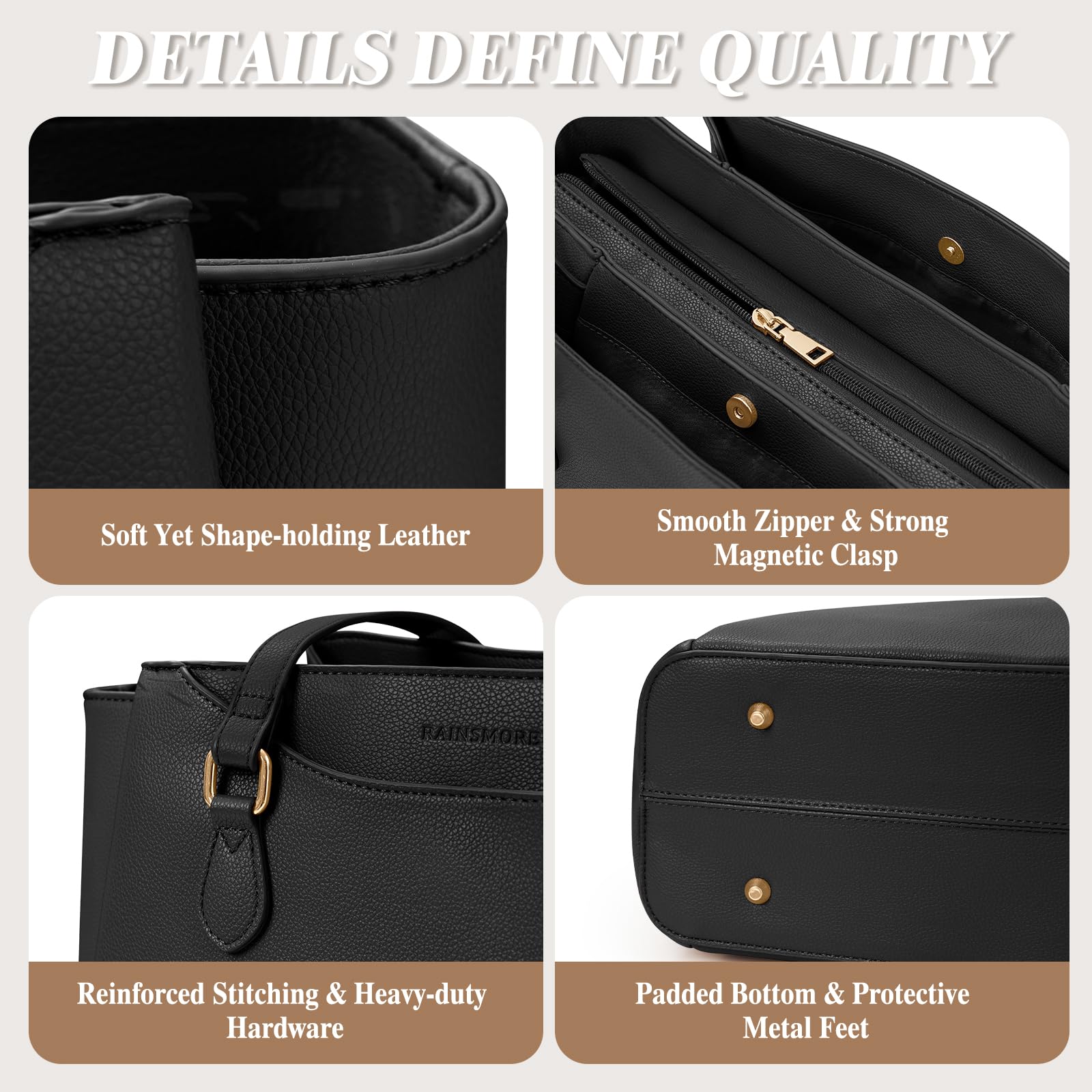 RAINSMORE Handtasche Damen 15,6 Zoll Shopper Tote Bag PU Leder Laptoptasche Business Schwarz