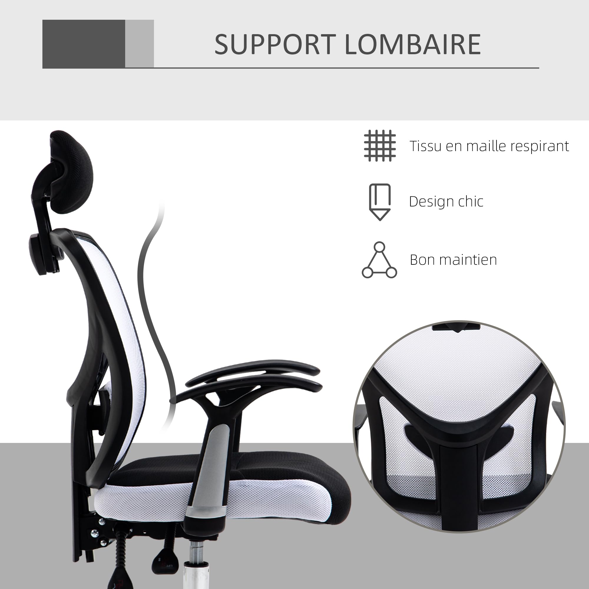 Vinsetto Chaise de Bureau Ergonomique en Maille Appui-tête Noir et Blanc