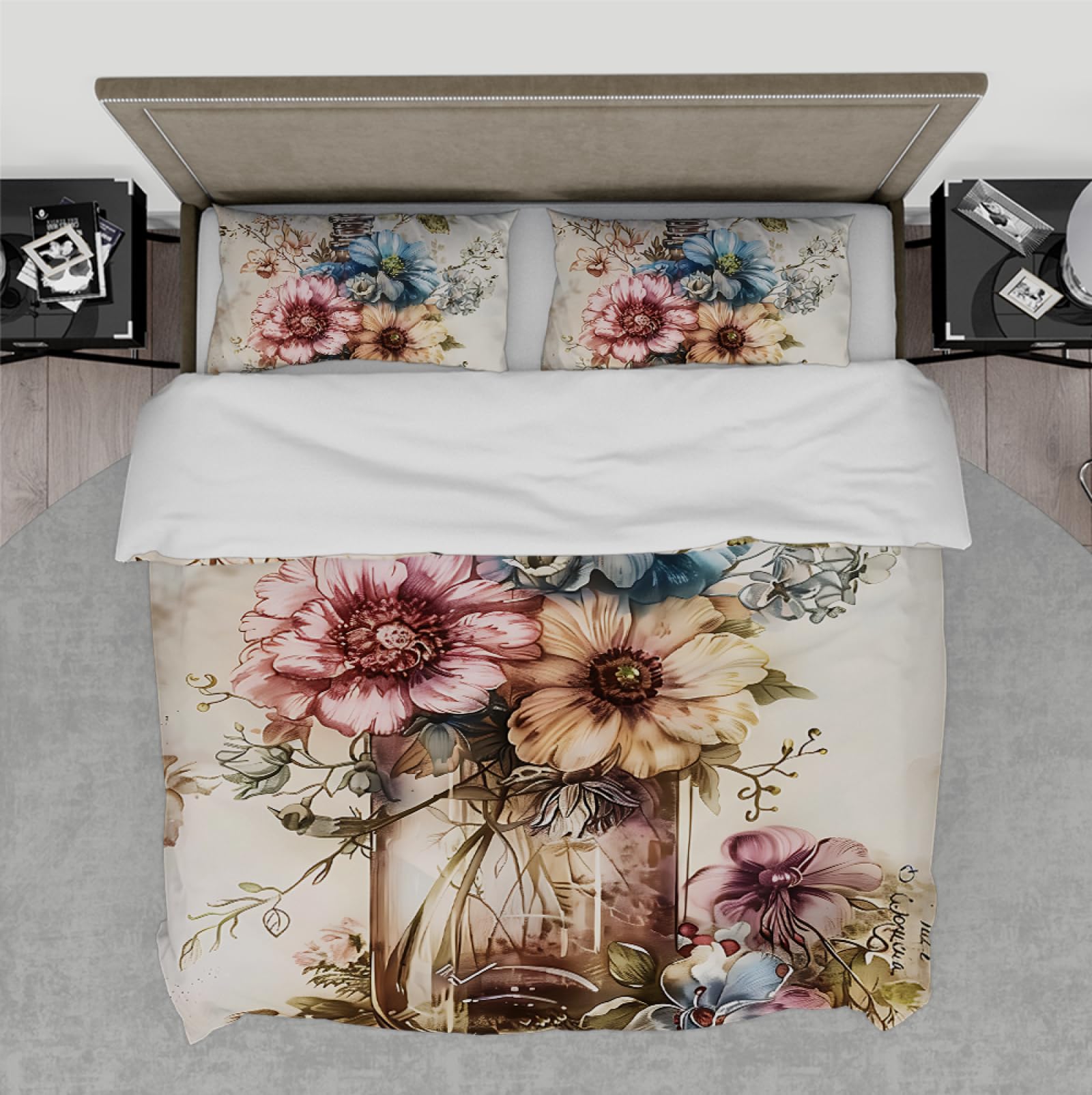 Housse de couette fleur vintage parure de lit rustique chic 3 pièces