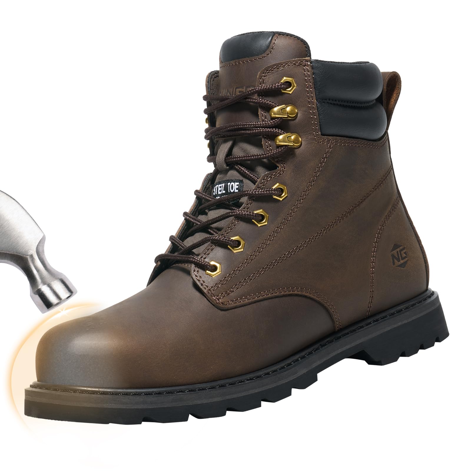NINGO Steel Toe Work Boots for Men, Waterproof Comfortable Leather Industrial & Construction Boots, Oil & Slip Resistance Safety Shoes with EH