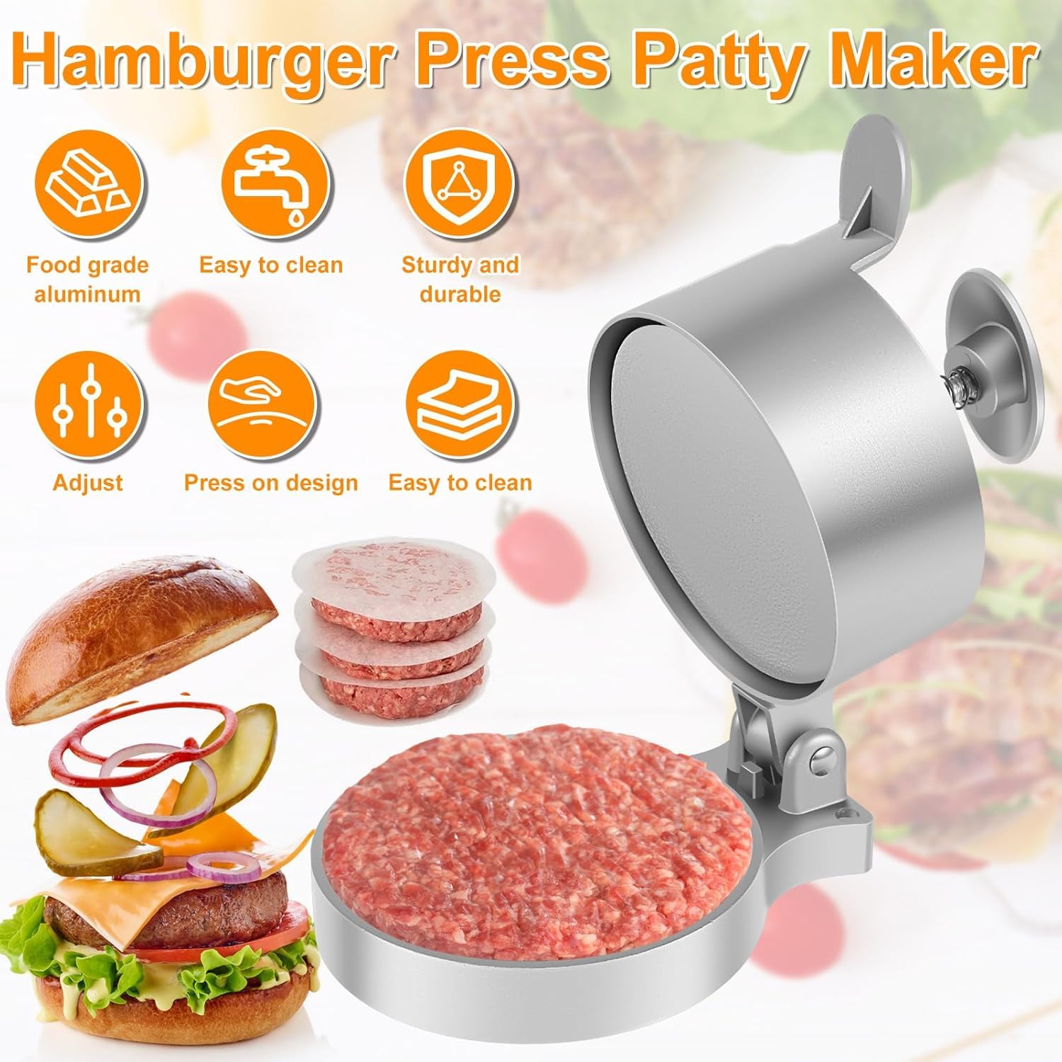 Pressa per Hamburger Regolabile in Altezza in Alluminio pressofuso Antiaderente per la Produzione di Pattini Hamburger Perfettamente modellati