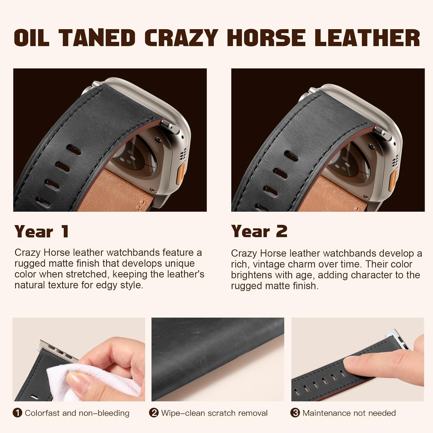 Easuny Leather Bands Compatible with Apple Watch Ultra 2 3/Ultra Band 49mm 44mm 45mm 46mm 42mm Men, Top Grain Genuine Leather Strap for iWatch Series 11 10 9 8 7 6 5 4 SE3 SE2 SE 3 2 1 - Image 6