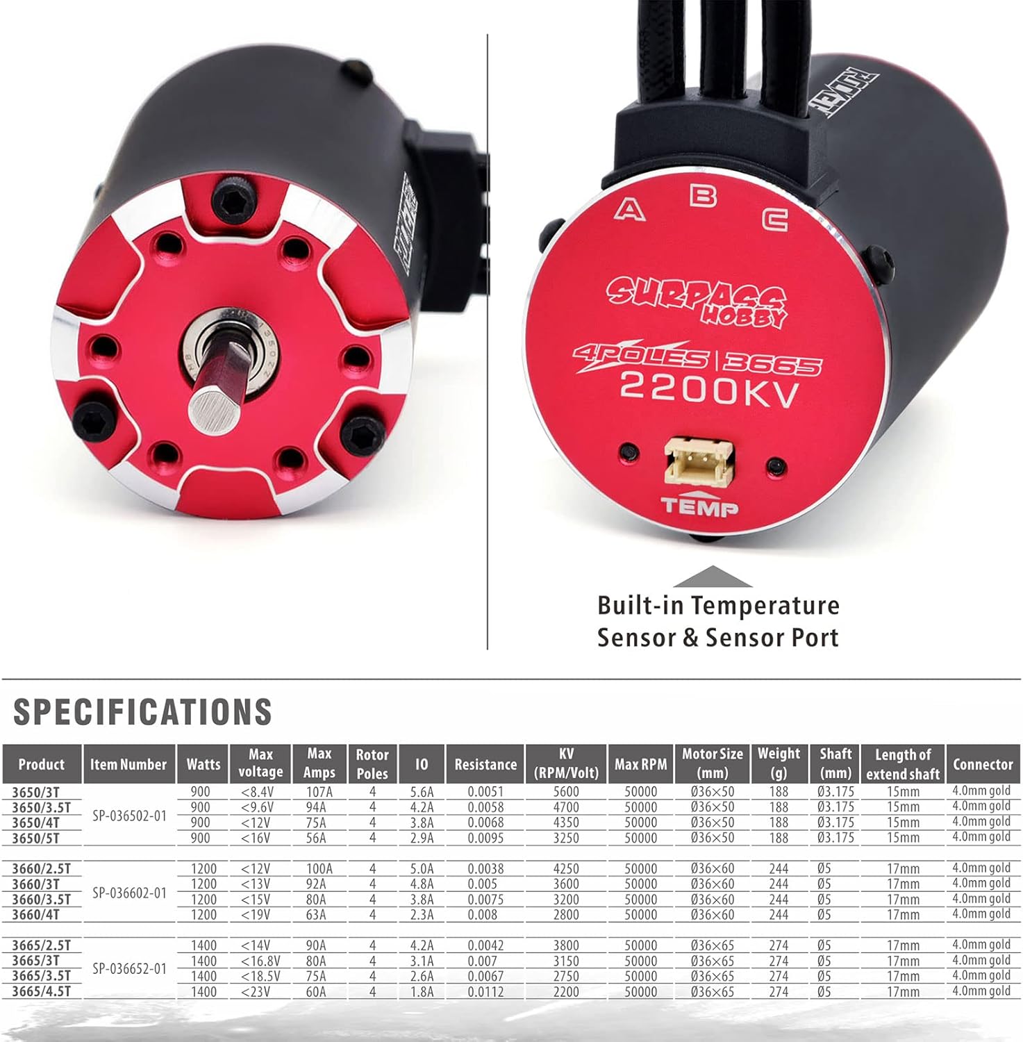 Surpass Hobby Brushless Motor and ESC Combo,3665 2200kv Brushless Motor with Waterproof 110A ESC Sensored for 1/10 Remote Control Car(3665 2200KV 110A)