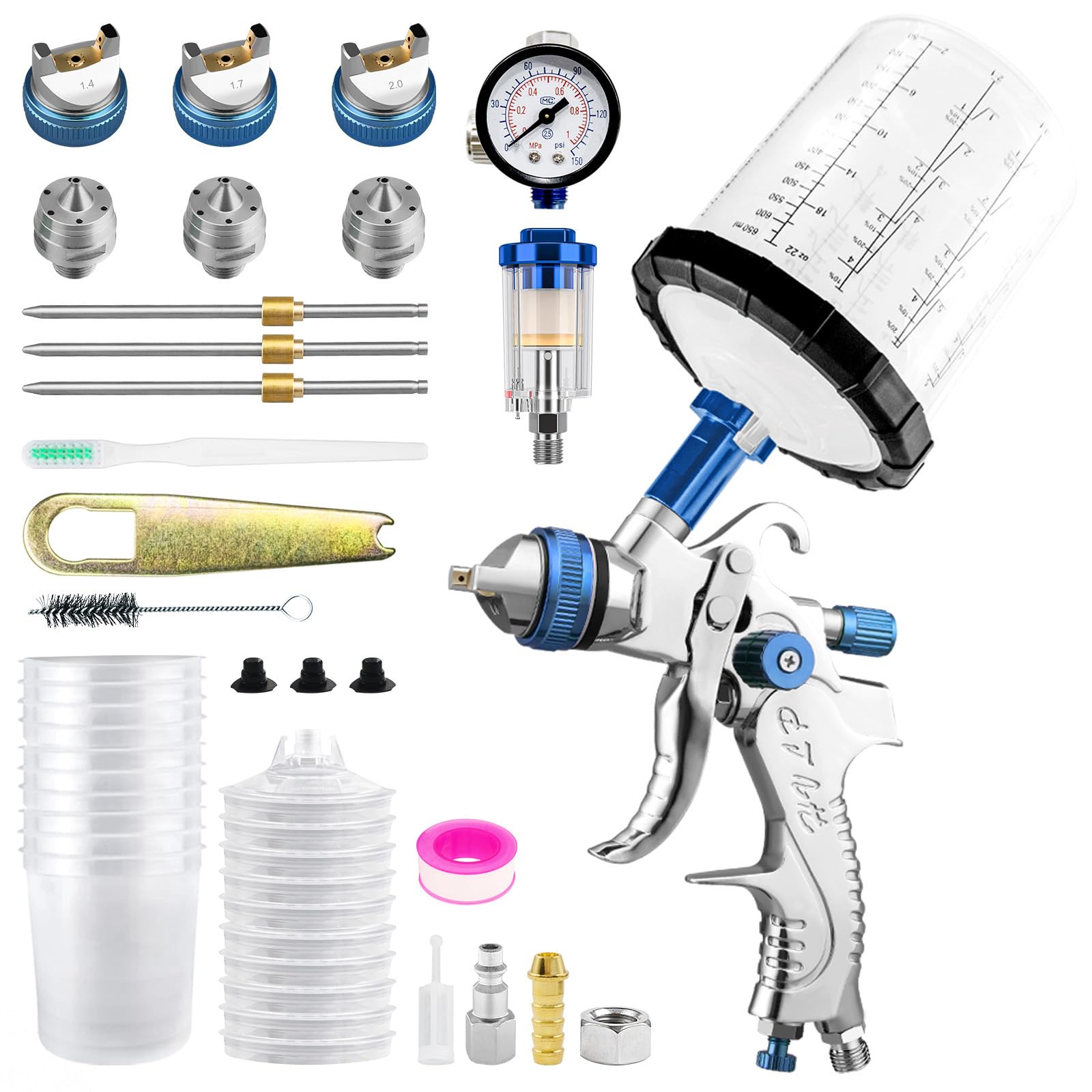 HVLP Kit pistolet à peinture avec 3 buses de 1,4/1,7/2,0 mm et 20 onces (650 ml) de pistolet à peinture jetable, pistolet à peinture professionnel, pistolet à peinture pneumatique HVLP, gravité