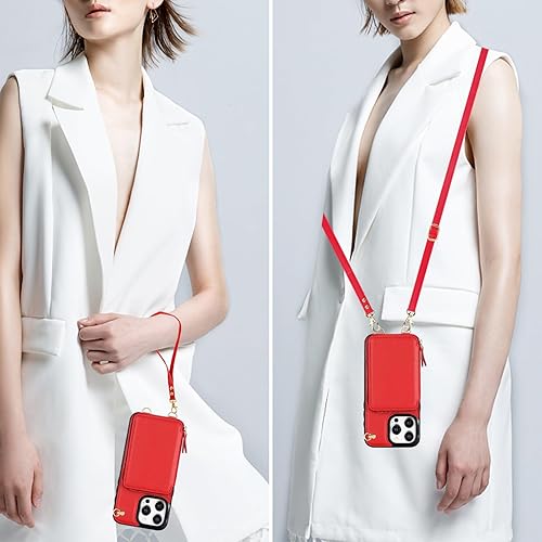 Miniatura 5 de Bocasal Funda tipo cartera cruzada para iPhone 15 Pro Max, funda de piel con bloqueo RFID y soporte para tarjetas, funda protectora con cremallera y