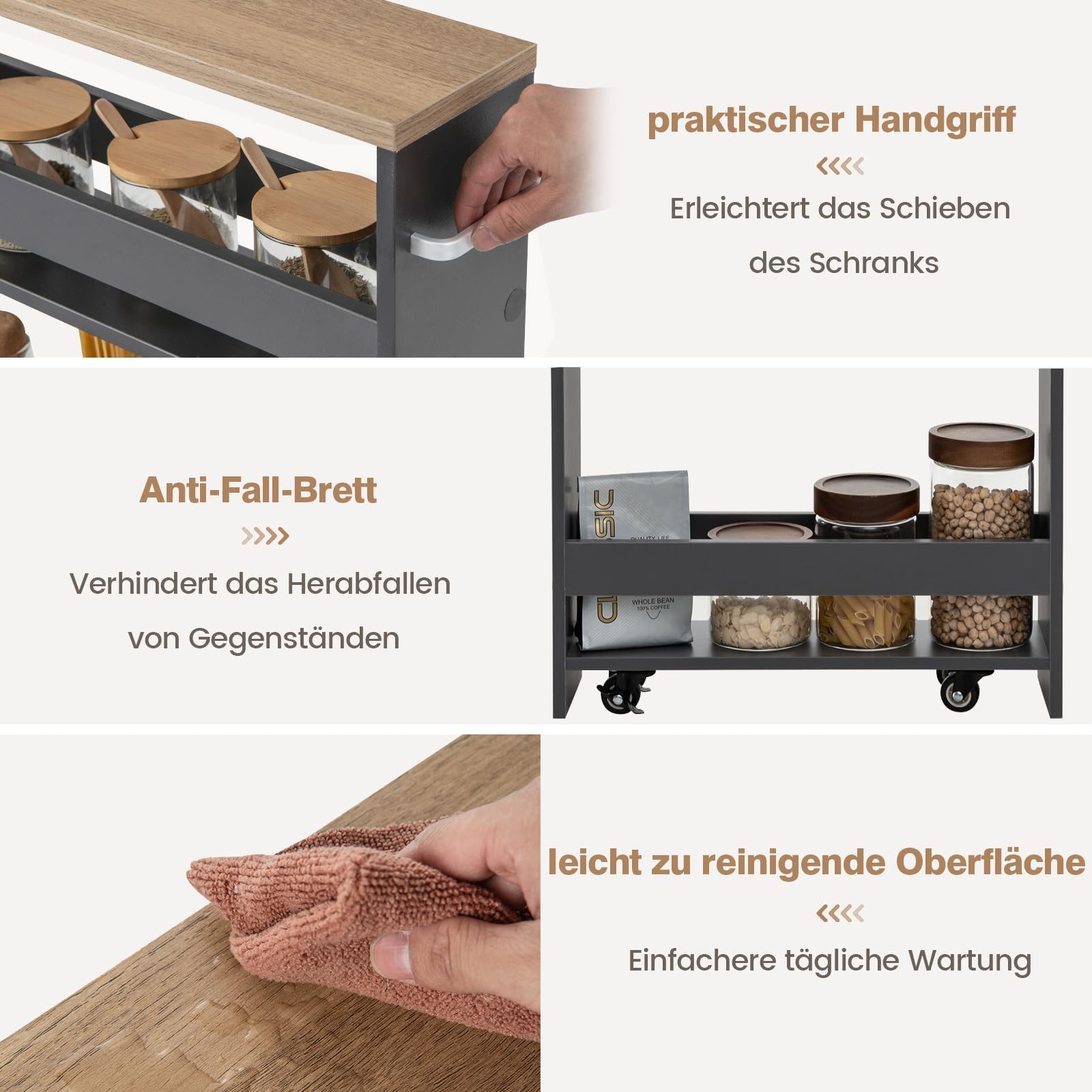 FANTASK Küchenwagen schmal auf Rollen, Nischenregal 13cm breit, 4 Etagen Servierwagen, Nischenwagen mit Griff & Geländern, Badregal Holz für Küche & Badezimmer, 47,5x13x80,5cm (Grau+Natur)