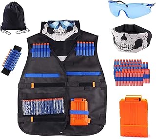 Kids Black Tactical Vest Kit Compatible with Nerf Guns N-Strike Elite Series with Kid Tactical Vest, 6-Bullet Capacity Magazine, Face Mask, Wrist Band, Safety Glasses and Foam Darts Bullets for Kids