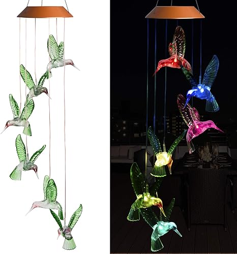 Campana de viento solar LED para exteriores, resistente al agua, luz móvil que cambia de color con el viento, seis colibríes LED para el hogar,