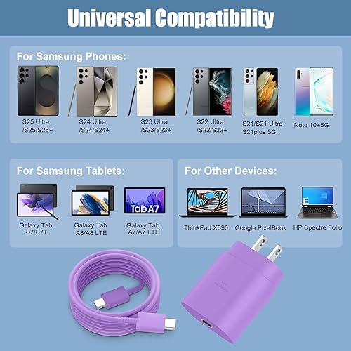 Miniatura 4 de Cargador súper rápido tipo C, cargador de pared USB C de 25 W, bloque de carga rápida y cable de 8 pies para Samsung Galaxy S24 UltraS24S24+S23