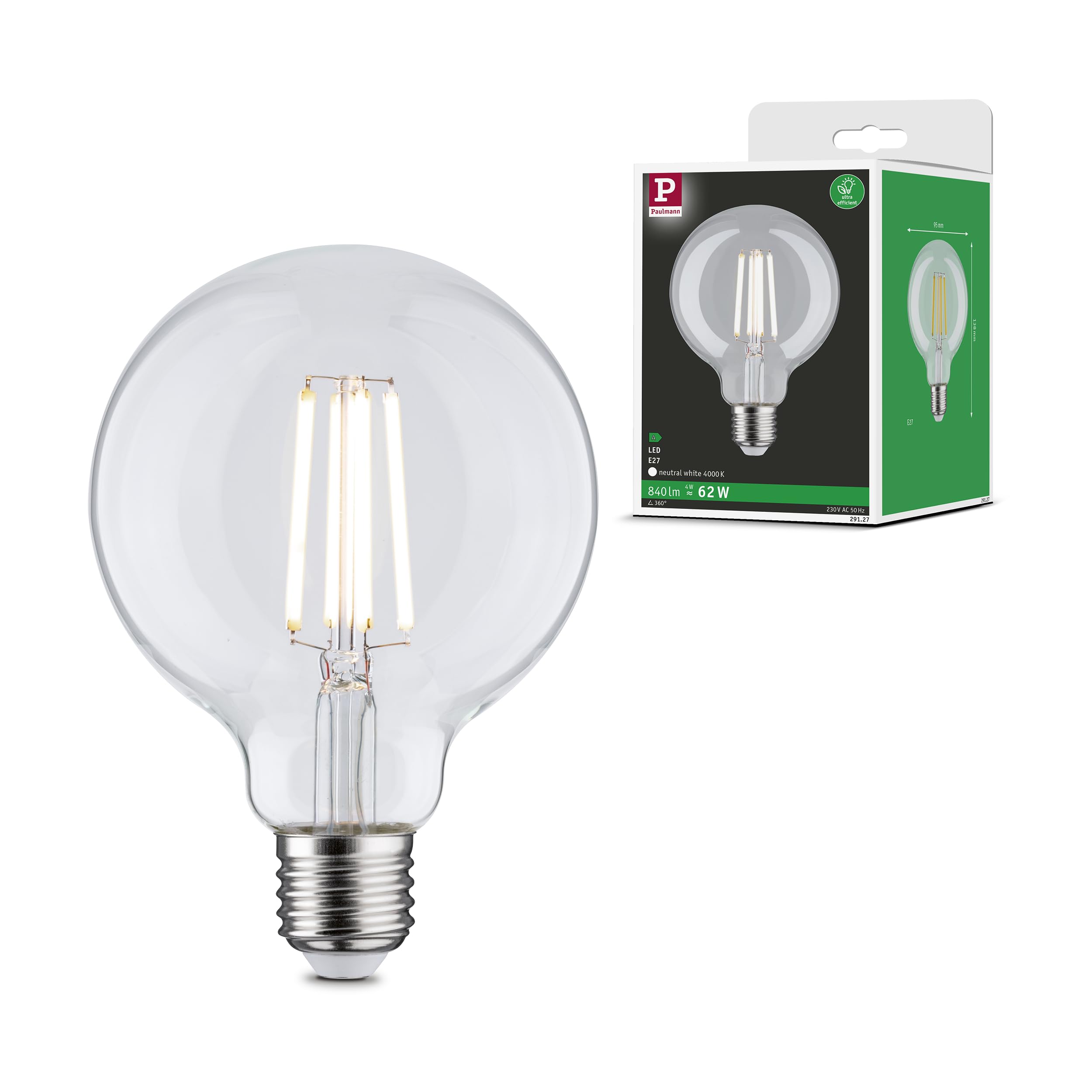 Paulmann 29127 Eco Line Filament 230V LED Globe G95 E27 840lm 4W 4000K Clear lamp