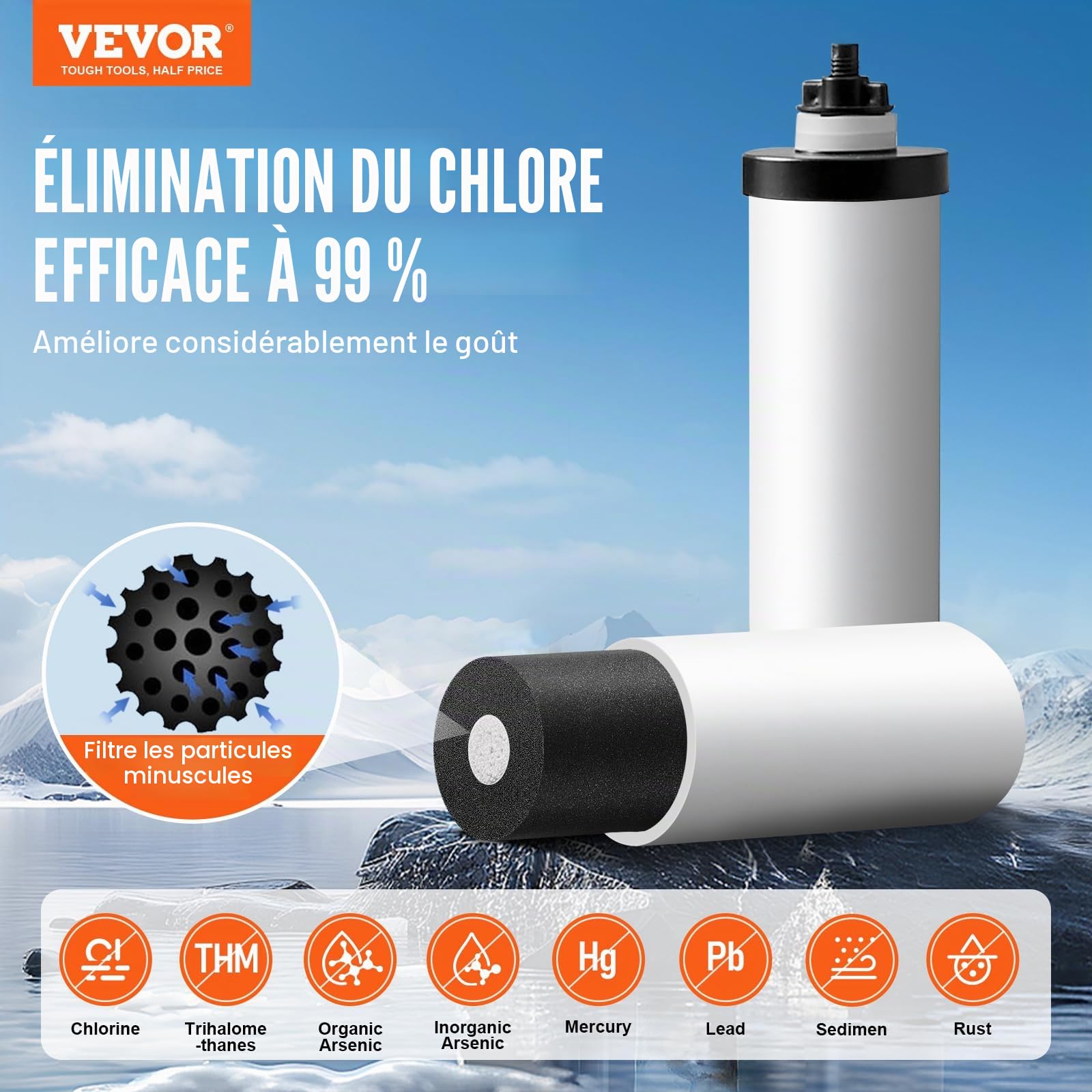 VEVOR Système de Filtration d'Eau par Gravité 8,5 L, Filtre à Eau par Gravité Réduction du Plomb et jusqu'à 99% du Chlore, en Inox 304, avec 2 Filtres à Charbon et Céramique, Robinet et Support