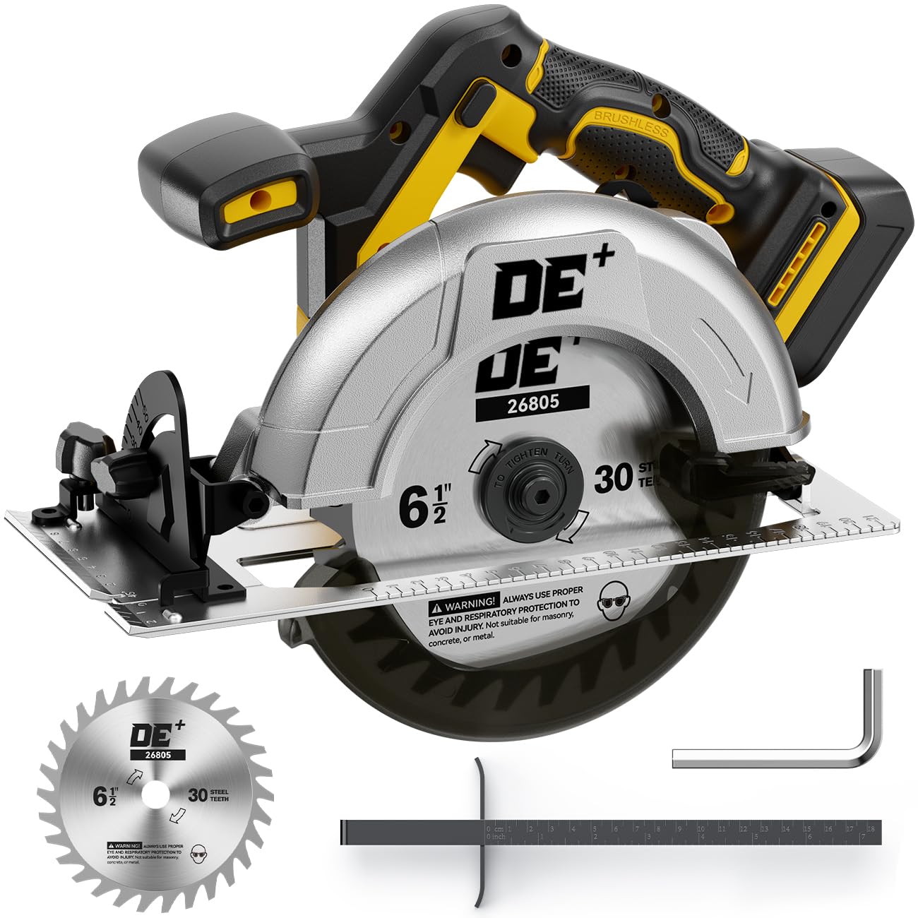Brushless Cordless Circular Saw, for DeWalt 20V Max Battery, 6-1/2 Inch Aluminum Alloy Blade, 8000 RPM, 6.2 Lbs Lightweight, Cutting Depth 2-1/5" (90°), 0-90° Bevel, Hex Wrench, Rip Guide for Wood PVC
