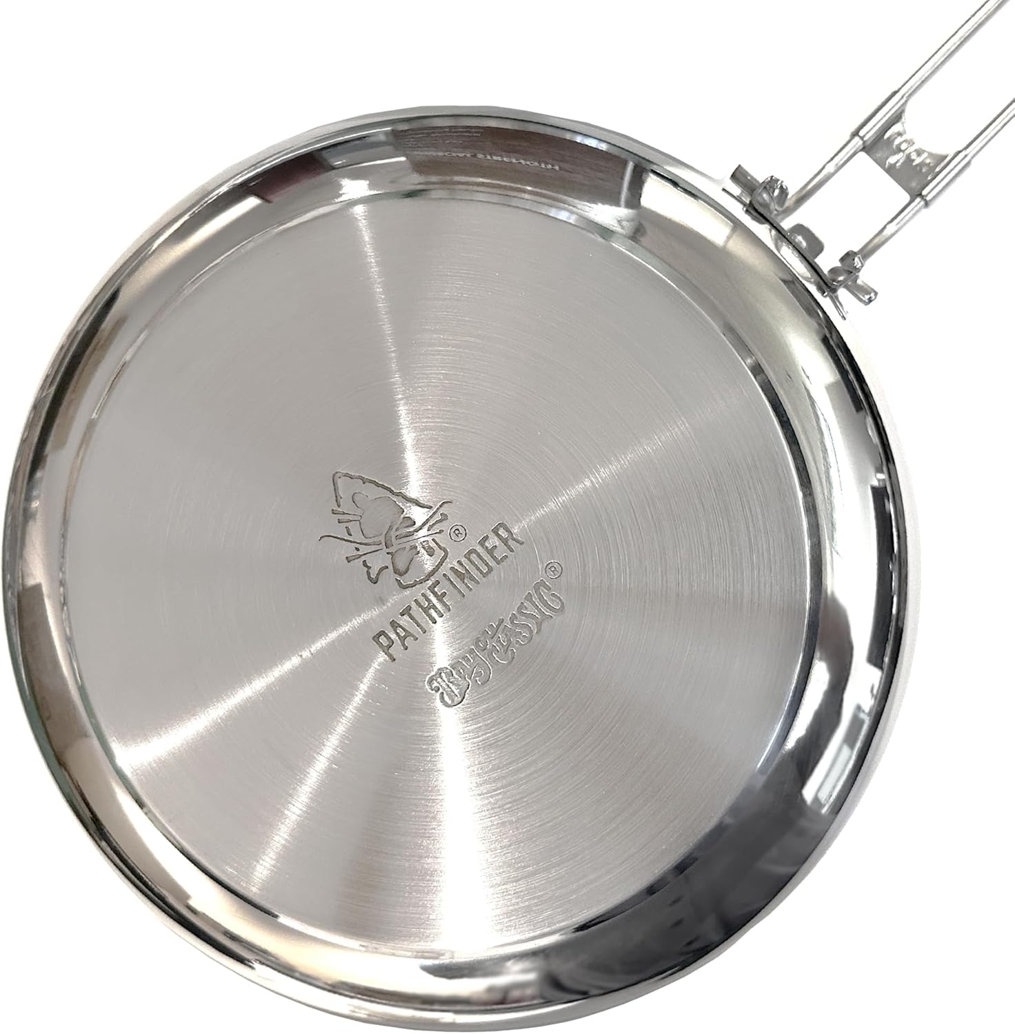 Bayou Classic 10-inch Stainless Steel Skillet with Lid, Folding Handle, Outdoor and Camp Cooking, 304 Steel, Heavy Base