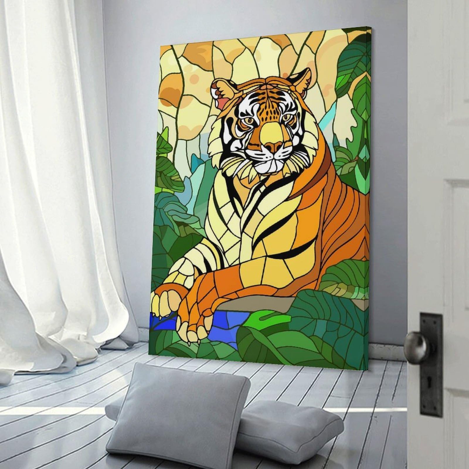 Junmoney Frame-Style-12 Stained Glass Tiger In Jungle Wall Art Print, 24X36inch(60X90cm), For Office, Study Or Home Workspace, Decorative Artwork For Productive Spaces