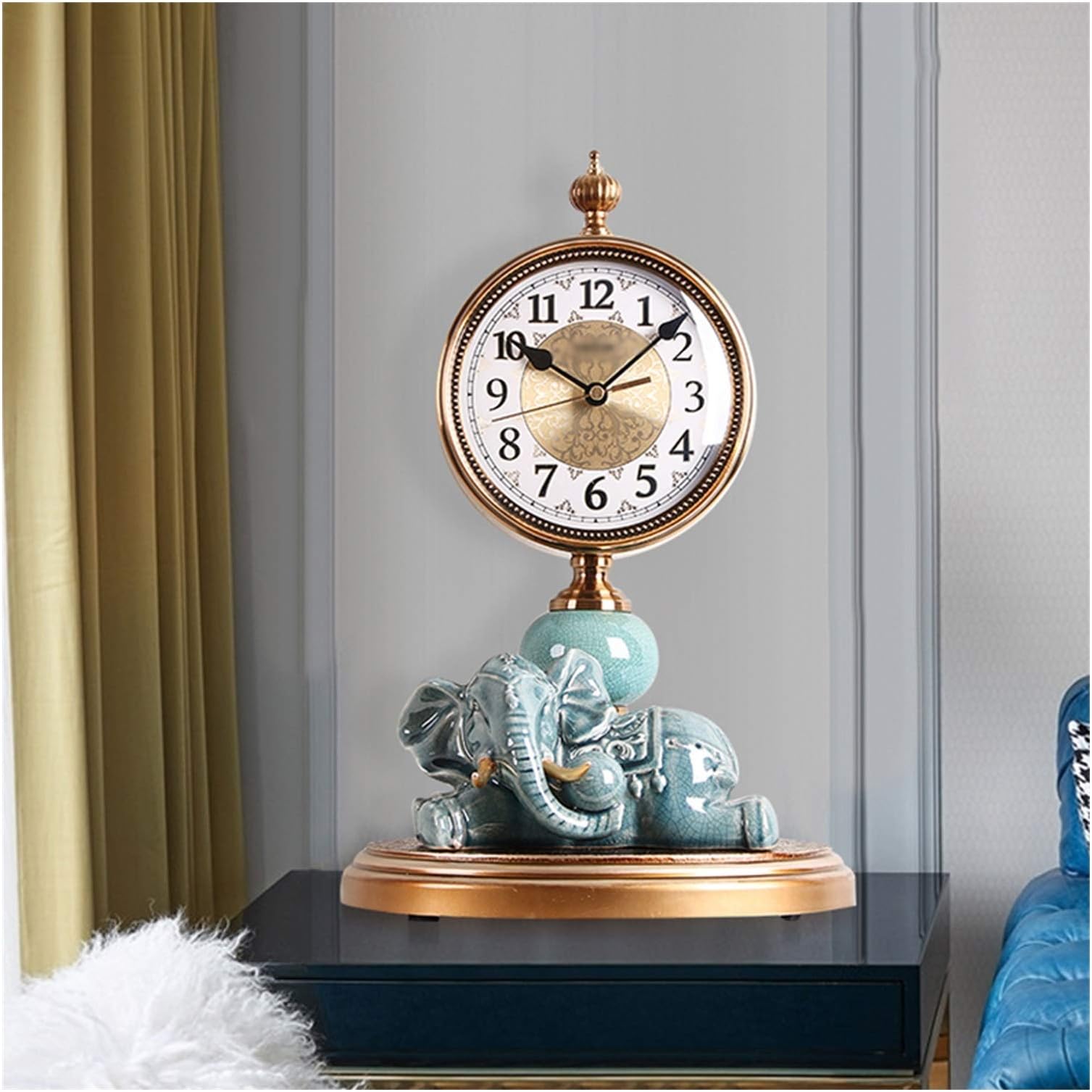 Table Clock Creative Metal Ceramic Tabletop Clock Arabic Numerals Silent Table Clock Sweep Second Movement Desk Clock Battery Powered（White/Blue） Decorative Clock (Color : Blue)