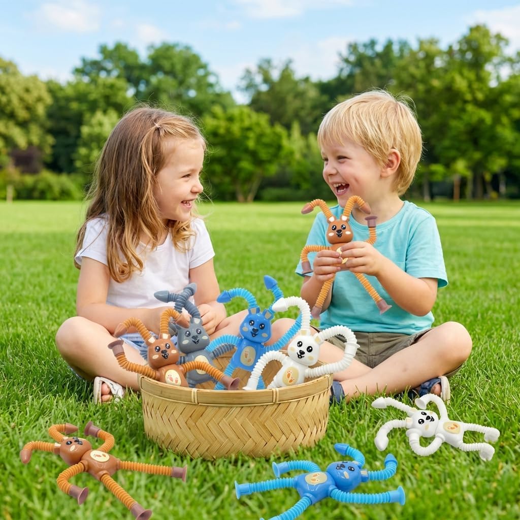 Easter Basket Stuffers – 4 Pcs Easter Bunny Suction Cup Pop Tubes Toys, Sensory Fidget Toys for Kids Boys Girls Toddlers Party Favors Gifts