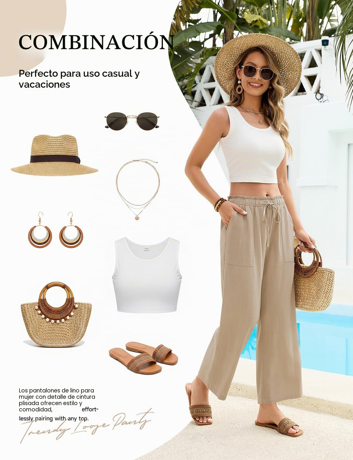 CMTOP Pantalones Mujer Verano Lino 7/8 Pantalon Cintura Elástico Pantalones Cómodos Ligero Casual Pantalon Flojo Playa Frescos Pantalón con Bolsillos