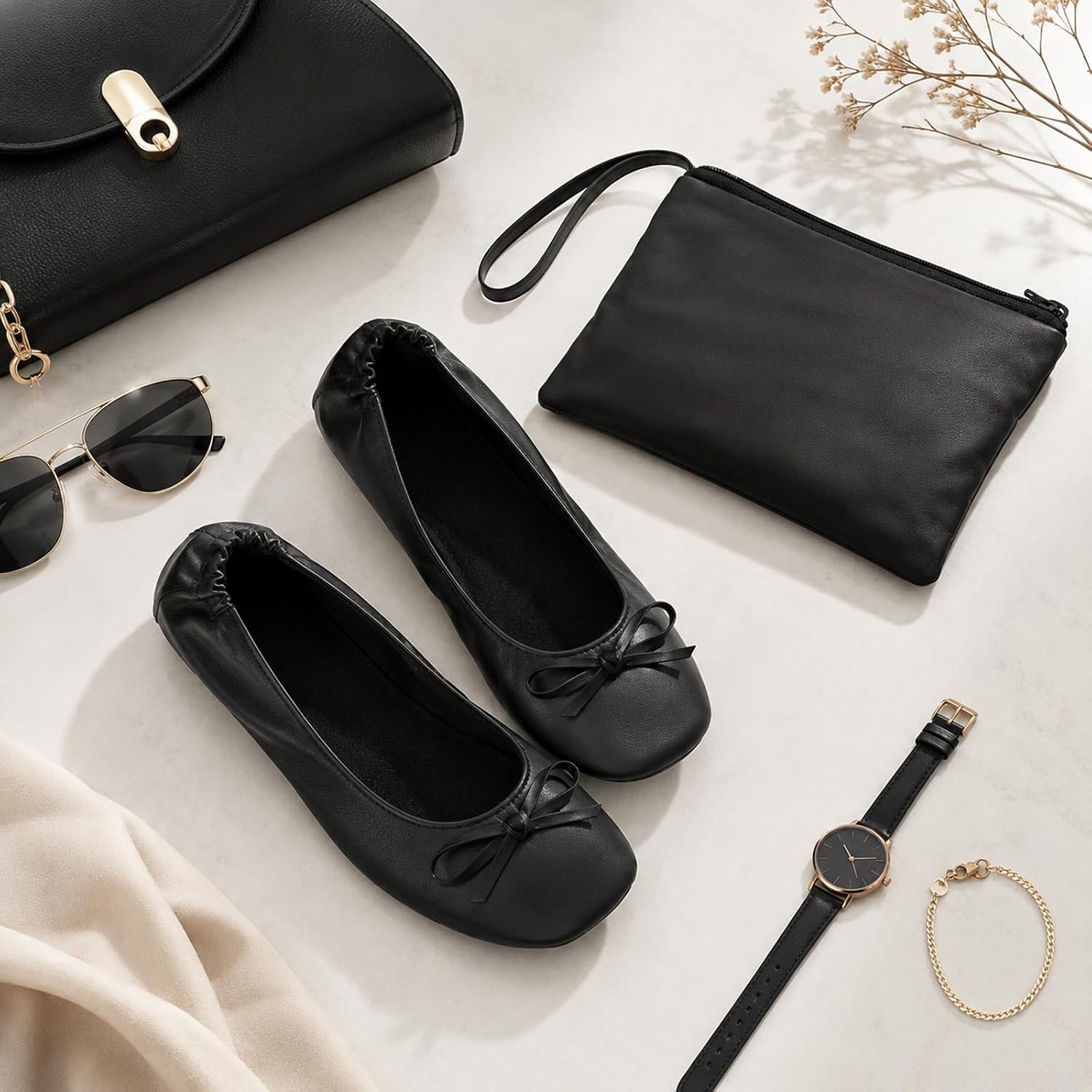 Foldable Flats for Women Black Fold Up-Flats for Travel Office, Ballet Flats Shoes for Purse, with Zipper Pouch, US 8-8.5 (248mm)