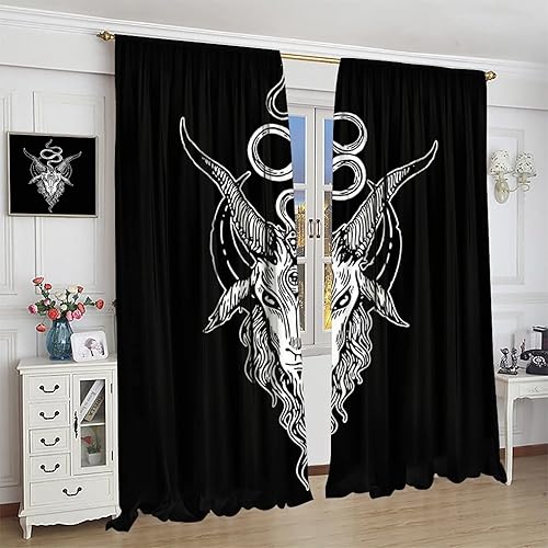 Vista 441 de Cortinas de cabeza de cabra, misteriosa cabeza de cabra malvada, calavera negra, bolsillo para barra, cortinas opacas para ventana, juego de 2