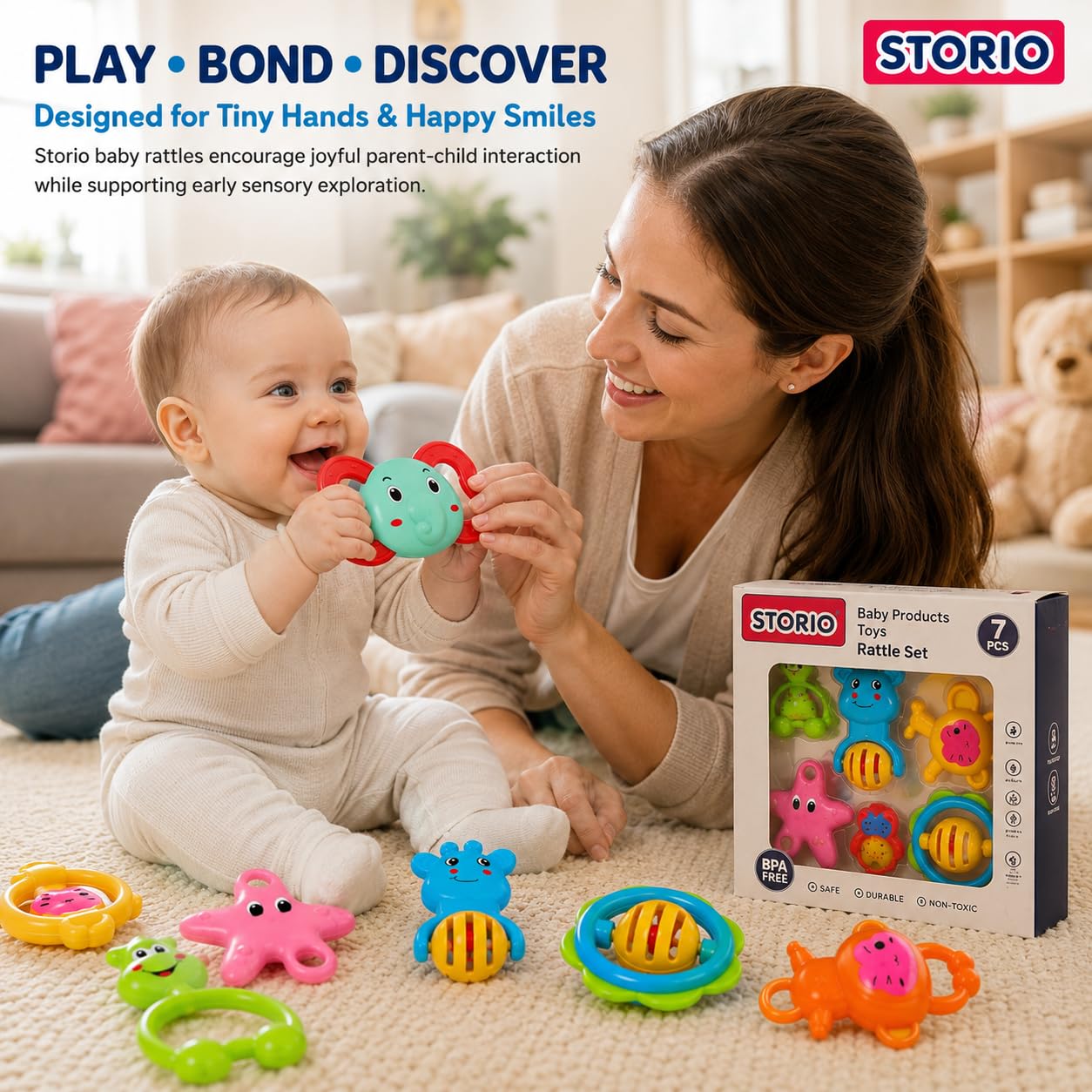 Storio Baby Products Toys 7 Pcs Rattle Set with Teathers for New Born Baby Gifts, Toy for Babies, Non-Toxic — Amazon image 2