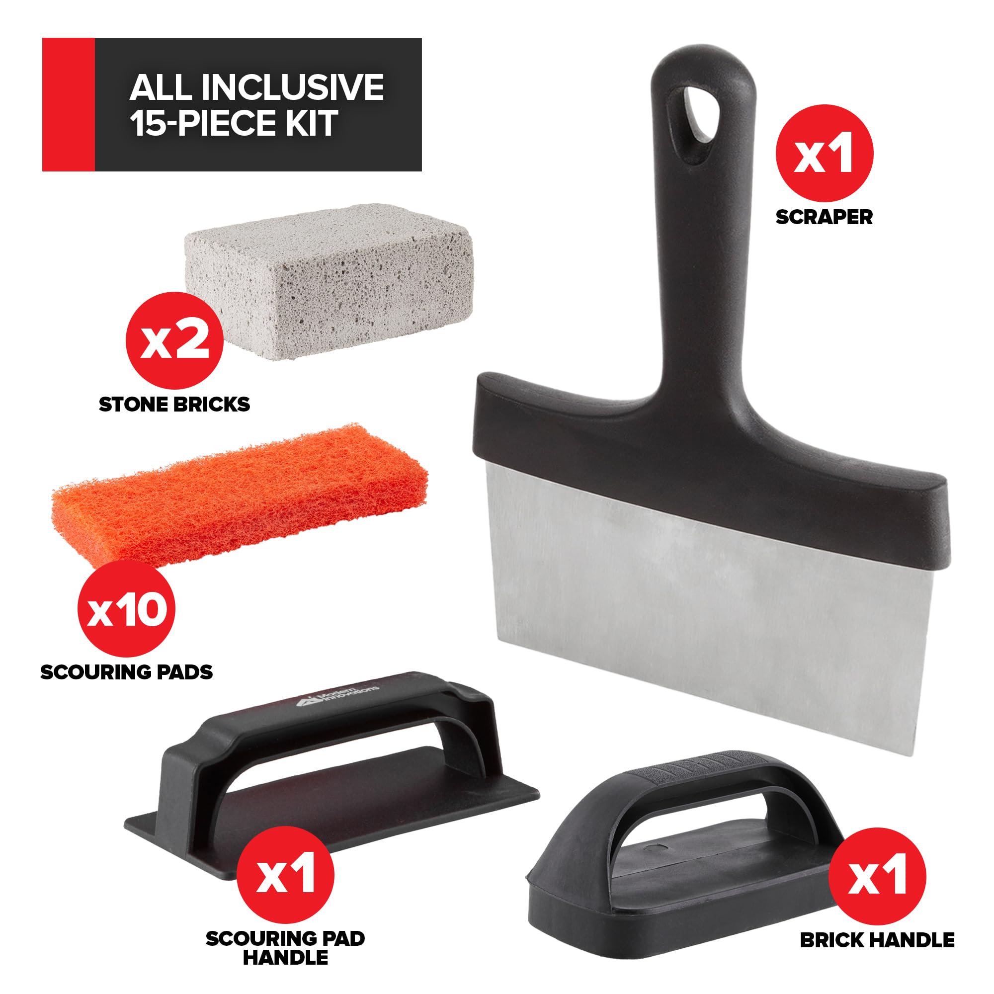 Kit per la pulizia della piastra da 15 pezzi, 10 spugnette abrasive, 2 mattoncini in pietra per griglia, 1 raschietto per griglia interna, 2 maniglie, kit per la pulizia della piastra per Blackstone e