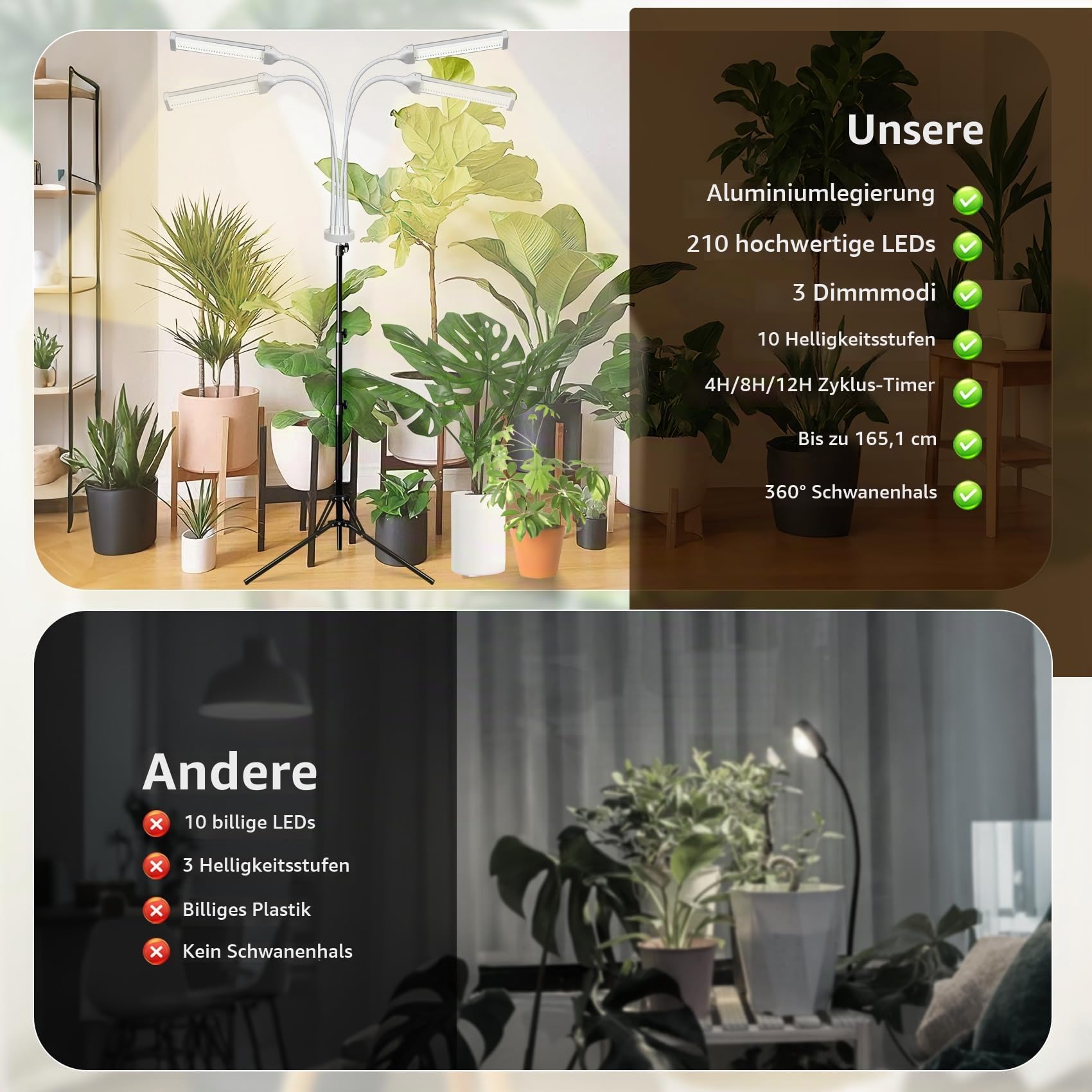 Pflanzenlampen LED Vollspektrum mit Ständer – 4 Köpfe 420 LEDs (5x mehr), 660nm Rotlicht für Blüte & Frucht, Timer & Dimmer, höhenverstellbares Aluminium – Pflanzen LED Wachstumslampe (4 Köpfe)