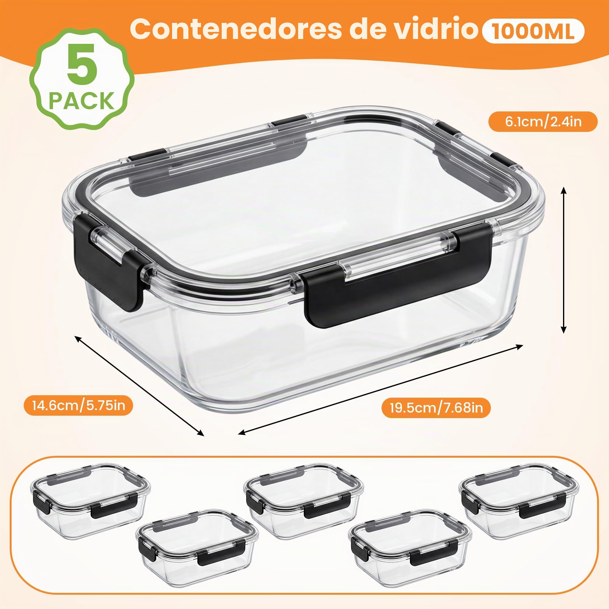 Zocipro 5 Pack 1000 ml Tupper Cristal Grande Hermético con Tapa, Meal Prep Containers, Tuppers de Vidrio, Glass Food Storage, Potes de Vidro, Fiambreras de Vidrio, Microondas Horno Congelador