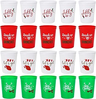 Christmas Plastic Party Cups - Set of 20 White,Red and Green 16oz Plastic Holiday Stadium Cups, 4 Festive Drinking Pun Designs, Perfect for Christmas Party Supplies