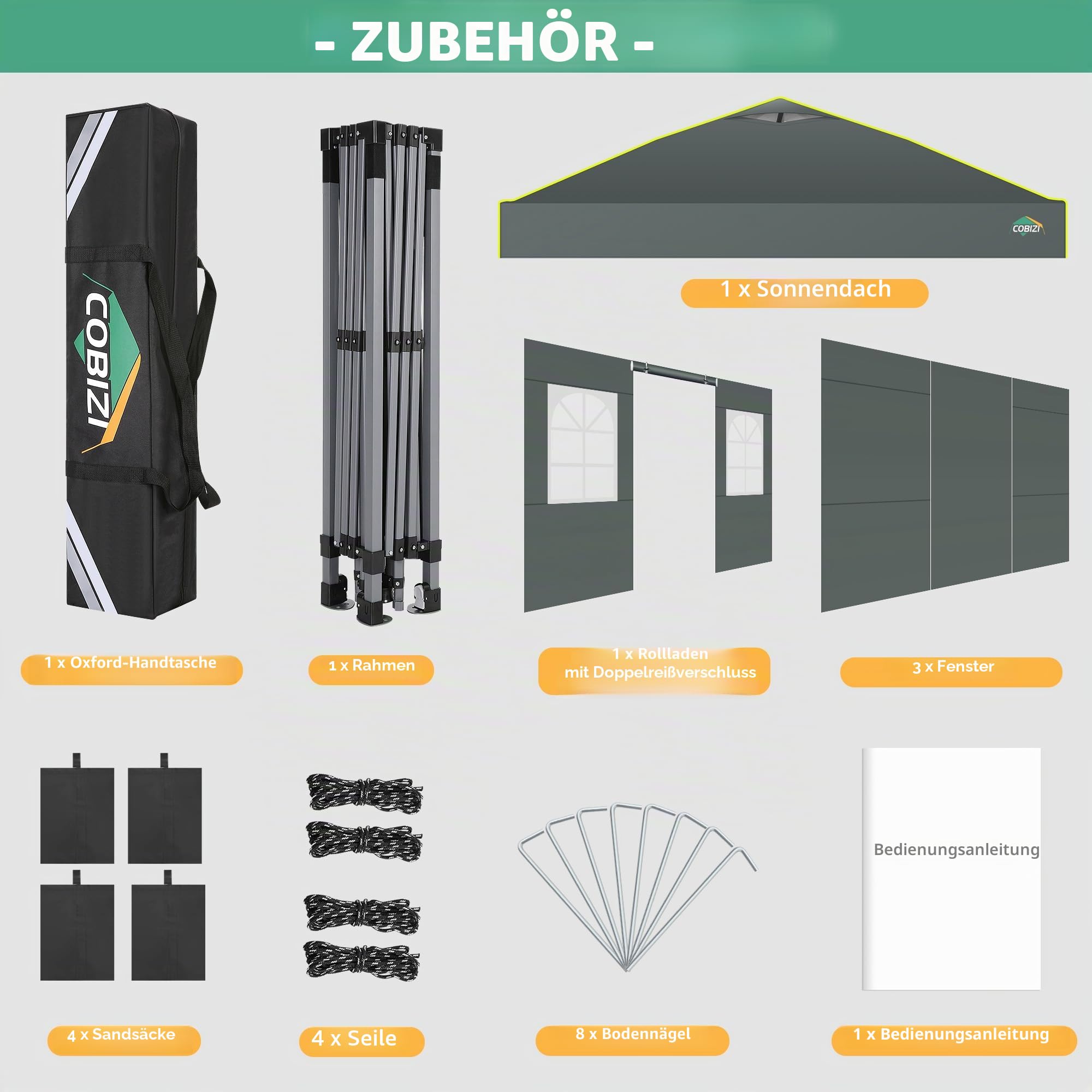COBIZI Pavillon 3x3m Wasserdicht Stabil Winterfest Faltpavillon Partyzelt Gartenpavillon Pop Up Pavillon Klappbar Zelt mit 4 Seitenwnden Belüftungsöffnungen, Sandsack für Markt, Freien Event,Grau